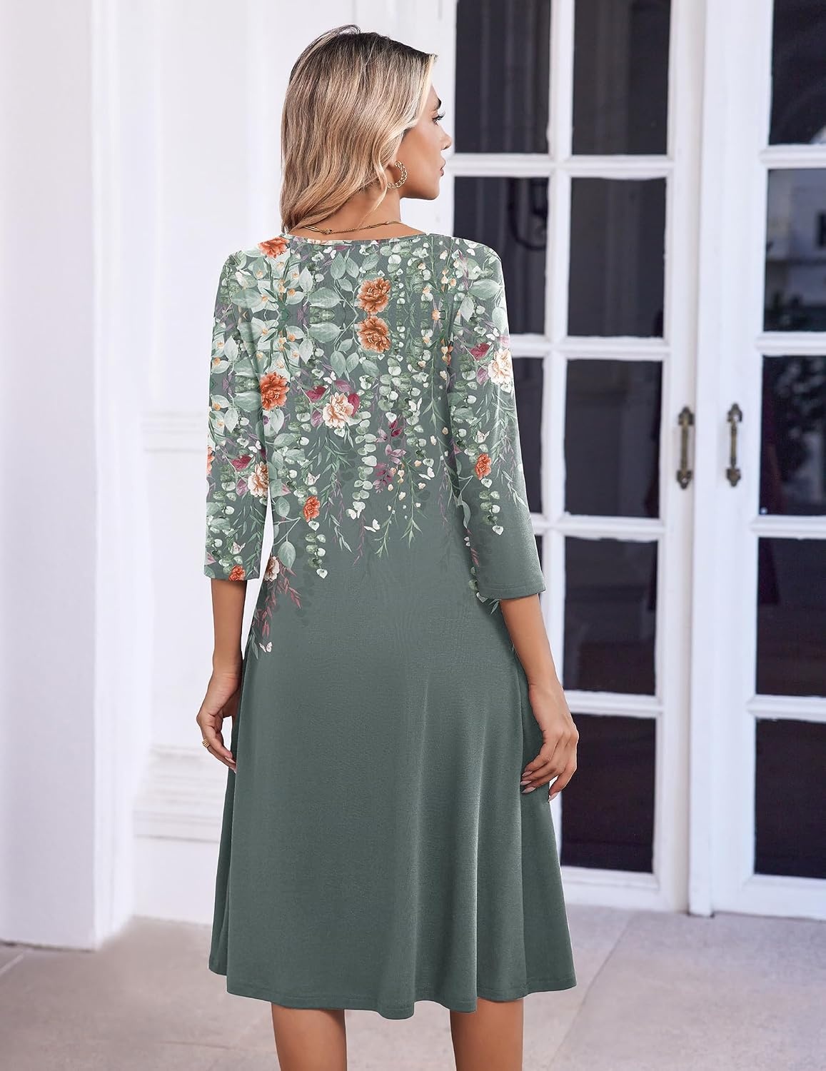 image:imageZeagoo 34 Sleeve Womens Dress Pleated Midi Casual Dresses with PocketsPlants Gray