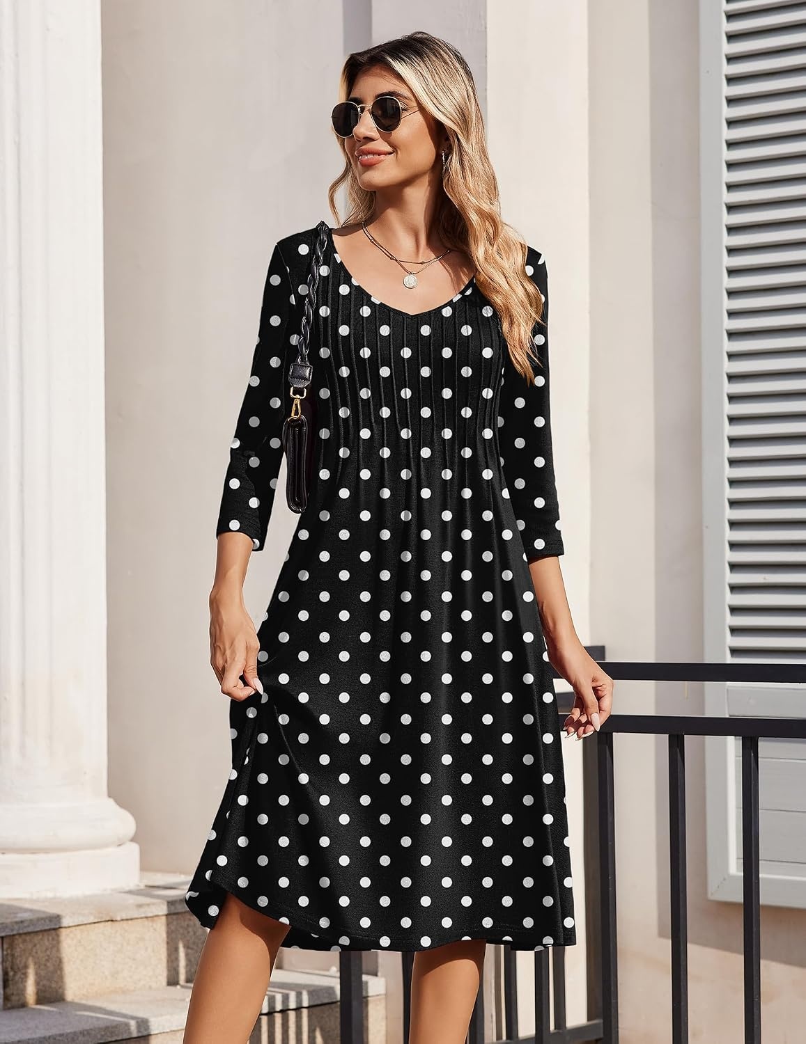 image:imageZeagoo 34 Sleeve Womens Dress Pleated Midi Casual Dresses with PocketsPolka Dots