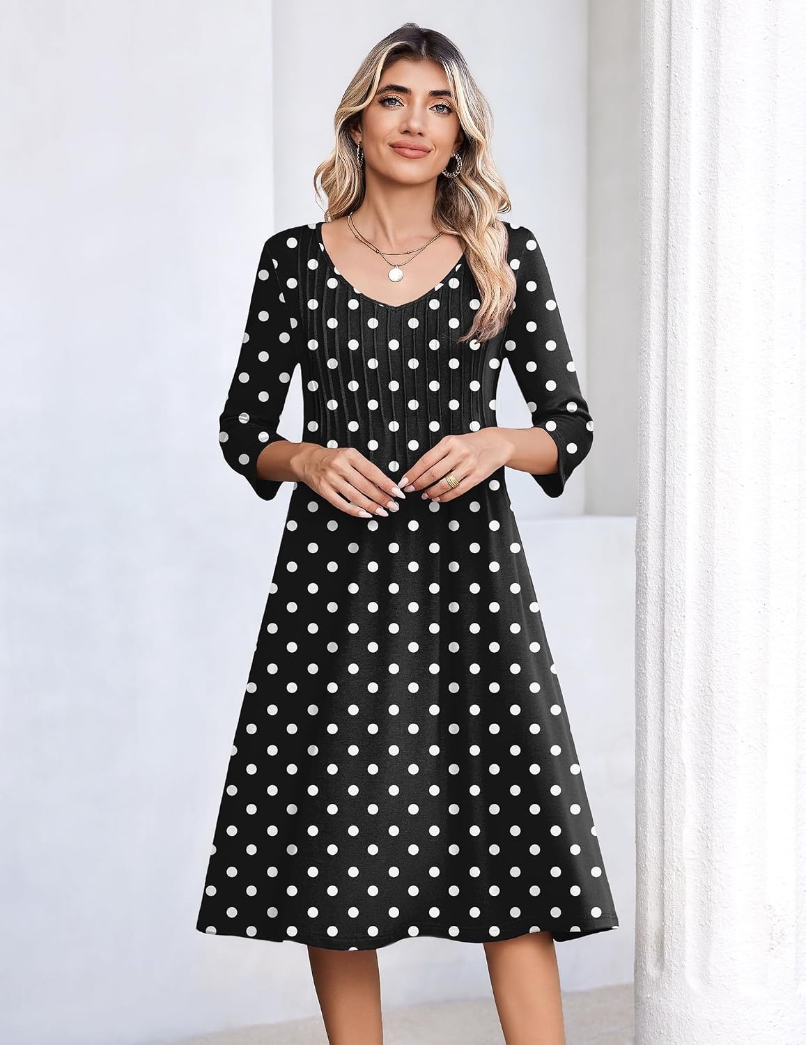 image:imageZeagoo 34 Sleeve Womens Dress Pleated Midi Casual Dresses with PocketsPolka Dots