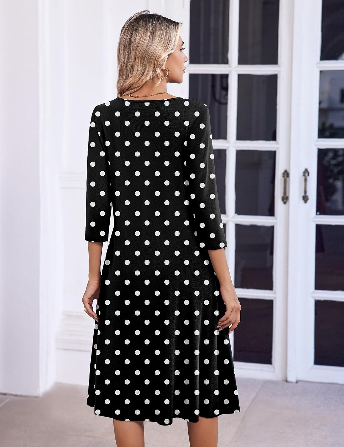 image:imageZeagoo 34 Sleeve Womens Dress Pleated Midi Casual Dresses with PocketsPolka Dots