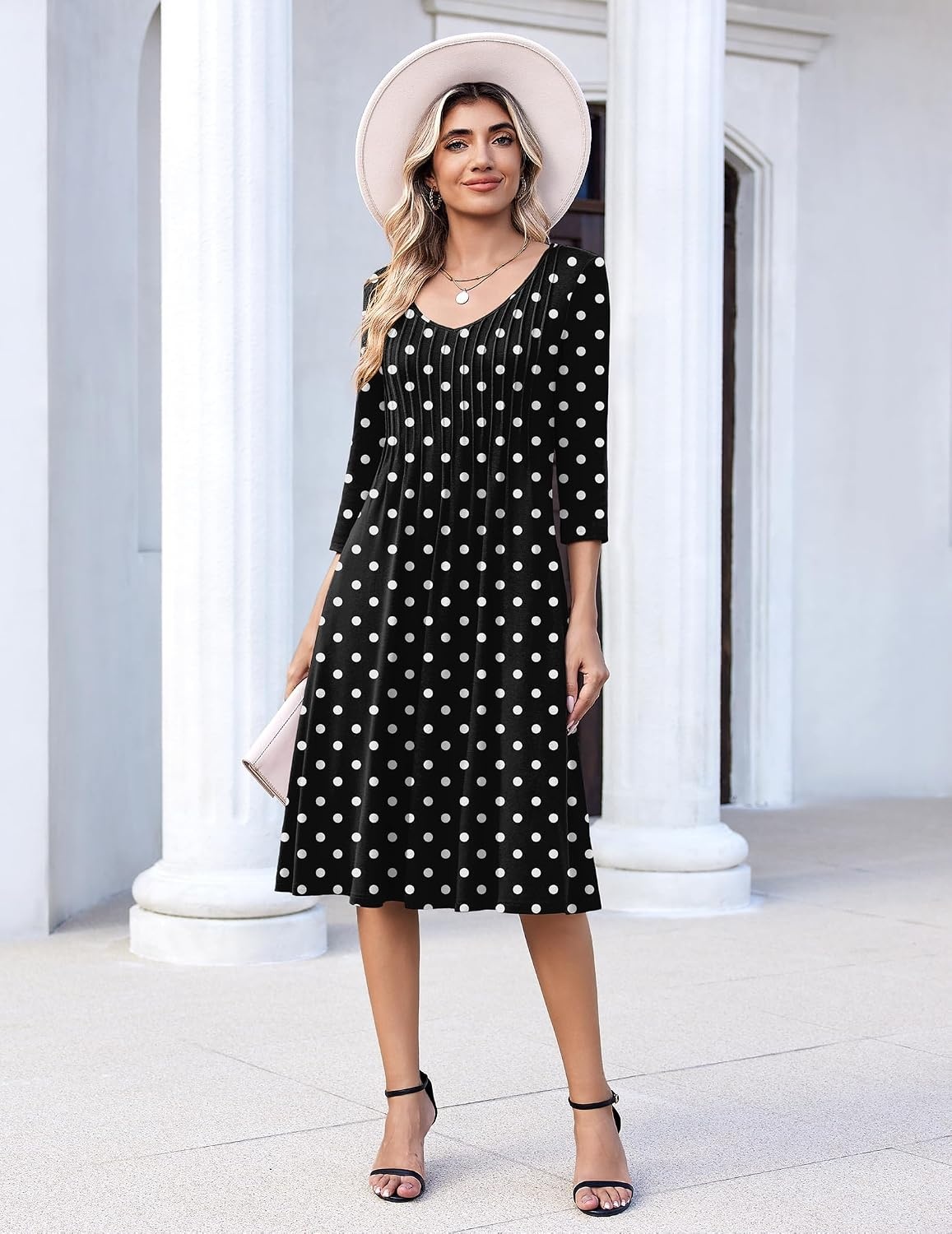 image:imageZeagoo 34 Sleeve Womens Dress Pleated Midi Casual Dresses with PocketsPolka Dots