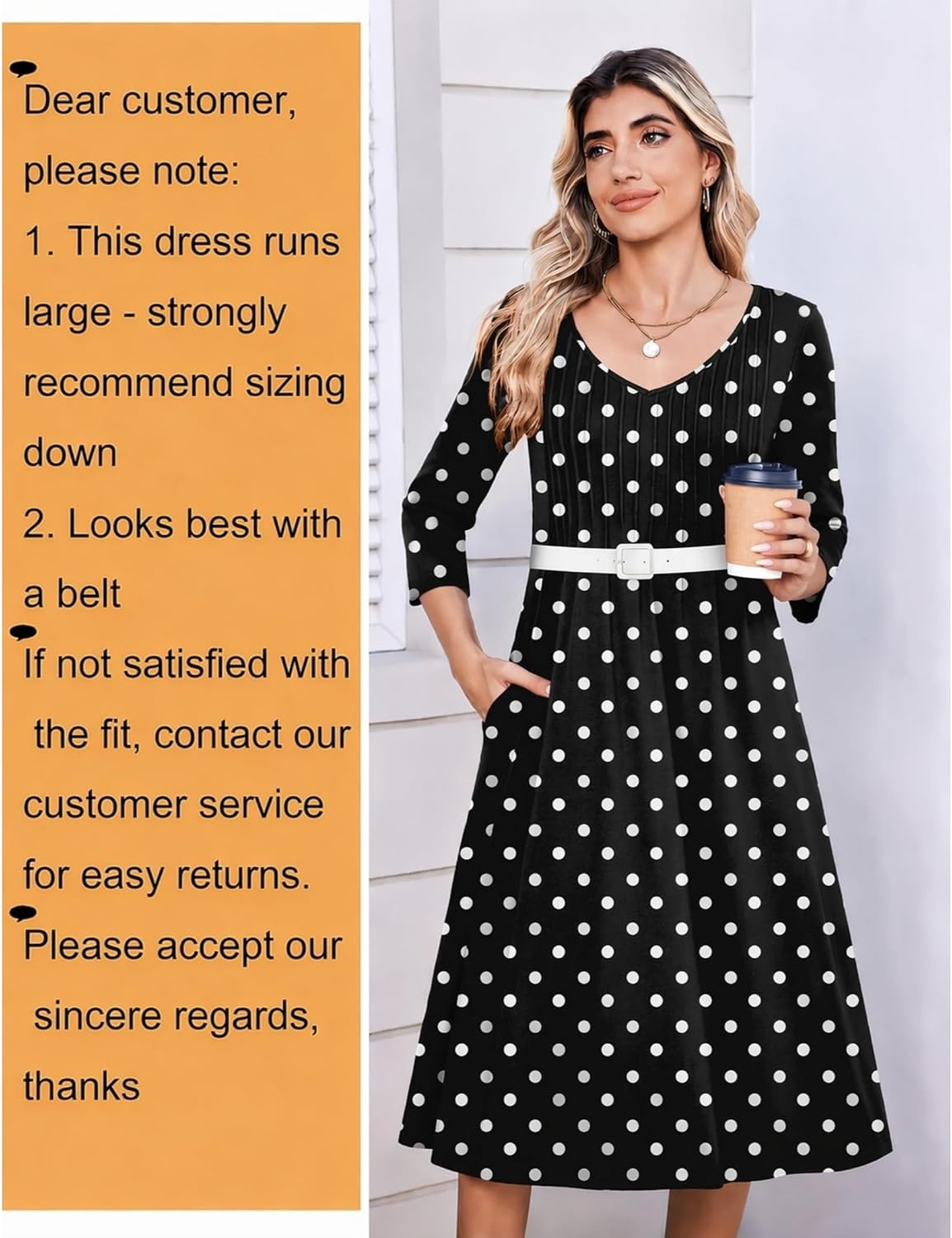 image:imageZeagoo 34 Sleeve Womens Dress Pleated Midi Casual Dresses with PocketsPolka Dots