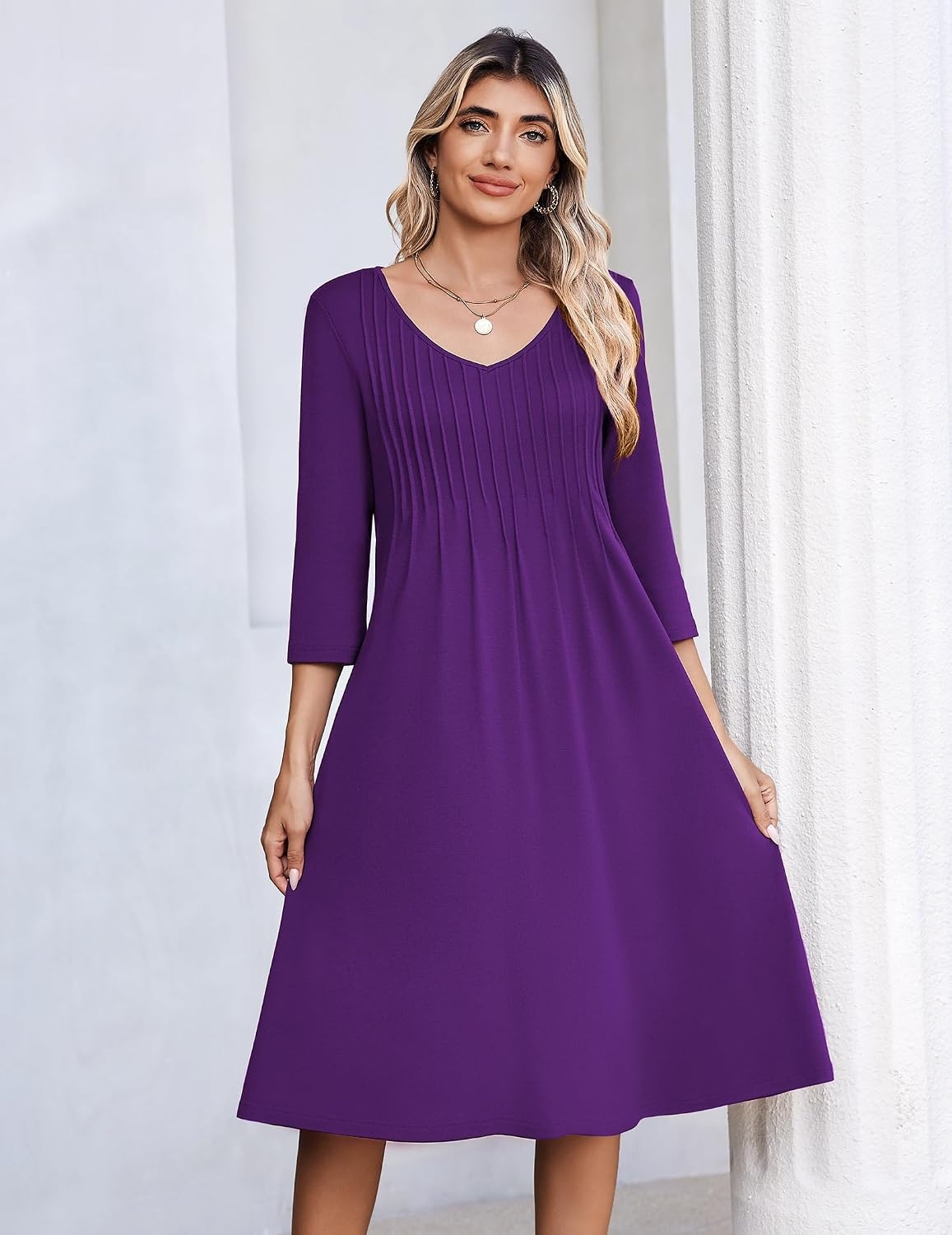 image:imageZeagoo 34 Sleeve Womens Dress Pleated Midi Casual Dresses with PocketsPurple