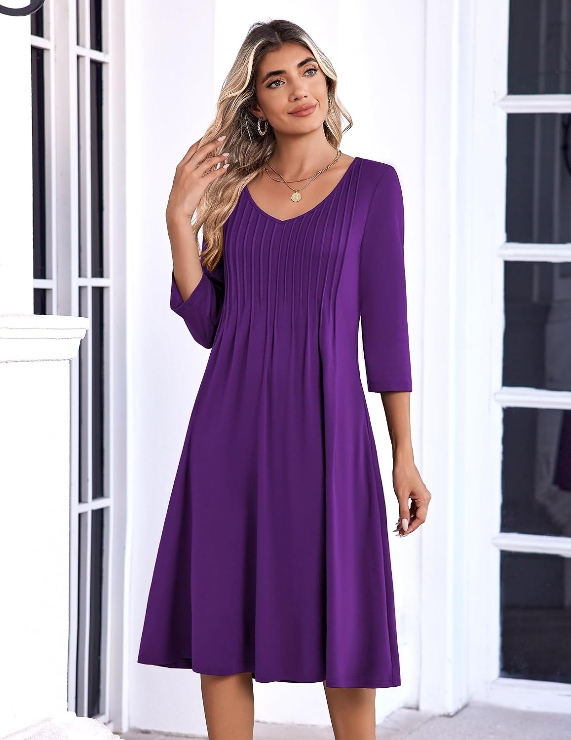 image:imageZeagoo 34 Sleeve Womens Dress Pleated Midi Casual Dresses with PocketsPurple