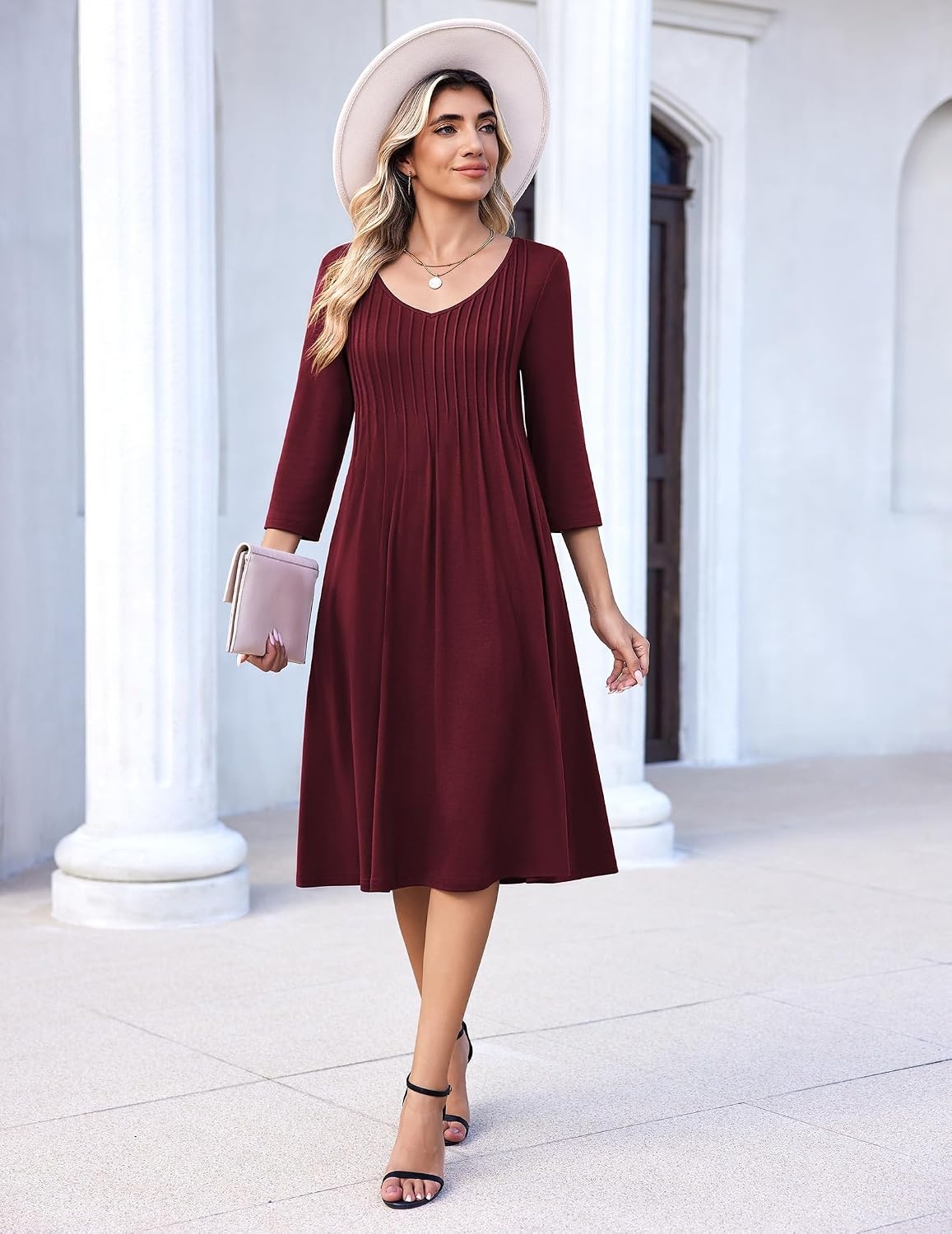 image:imageZeagoo 34 Sleeve Womens Dress Pleated Midi Casual Dresses with PocketsRed