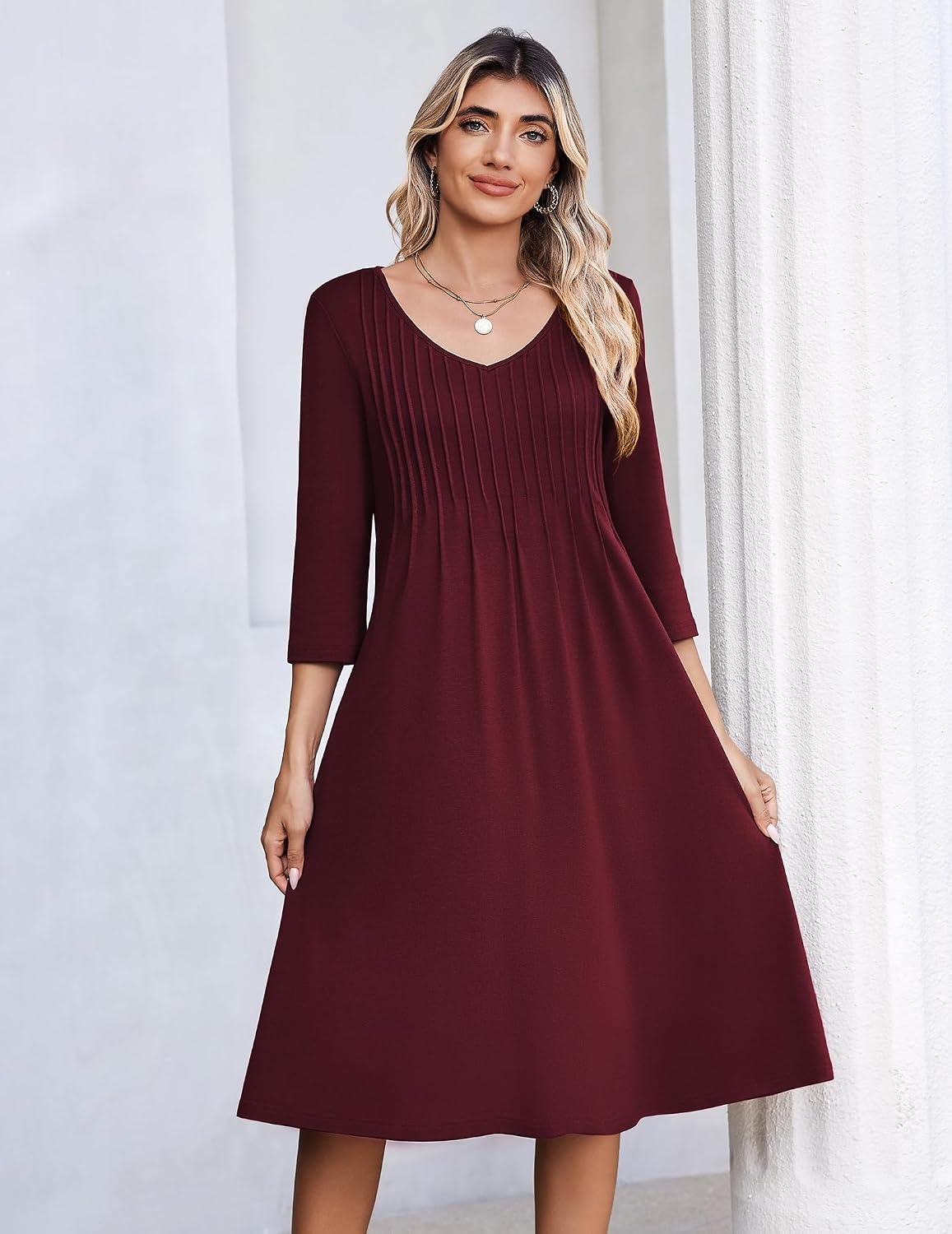 image:imageZeagoo 34 Sleeve Womens Dress Pleated Midi Casual Dresses with PocketsRed