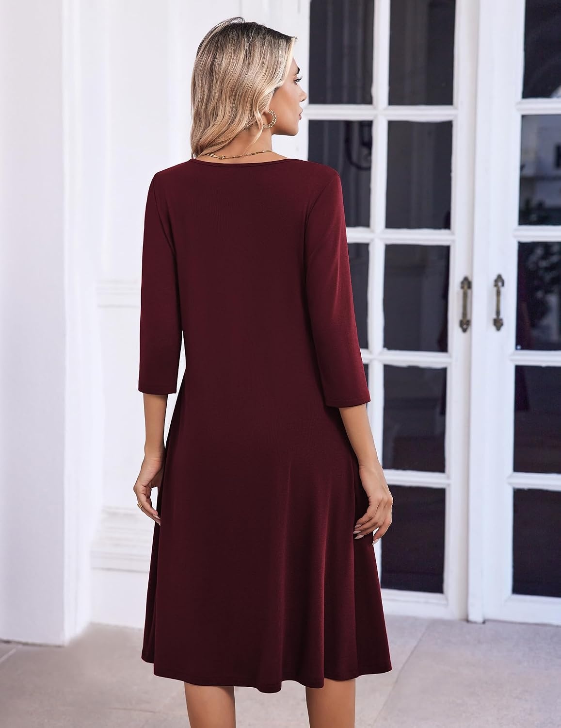 image:imageZeagoo 34 Sleeve Womens Dress Pleated Midi Casual Dresses with PocketsRed