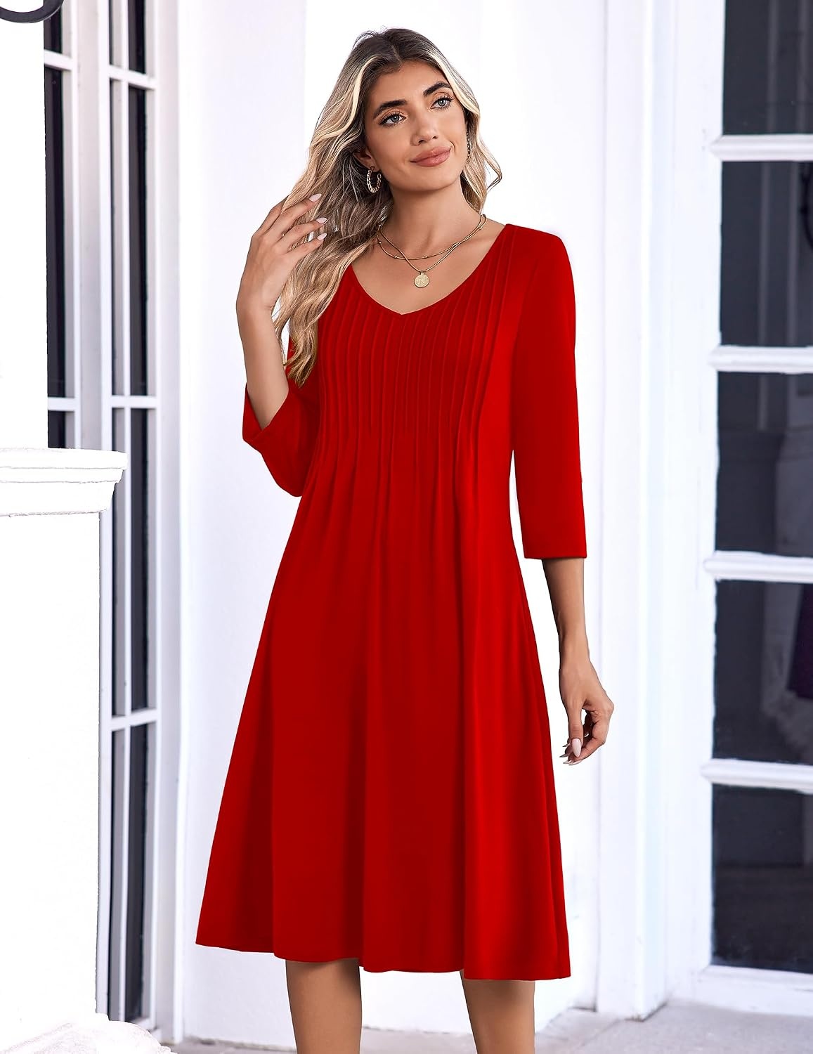 image:imageZeagoo 34 Sleeve Womens Dress Pleated Midi Casual Dresses with PocketsTrue Red