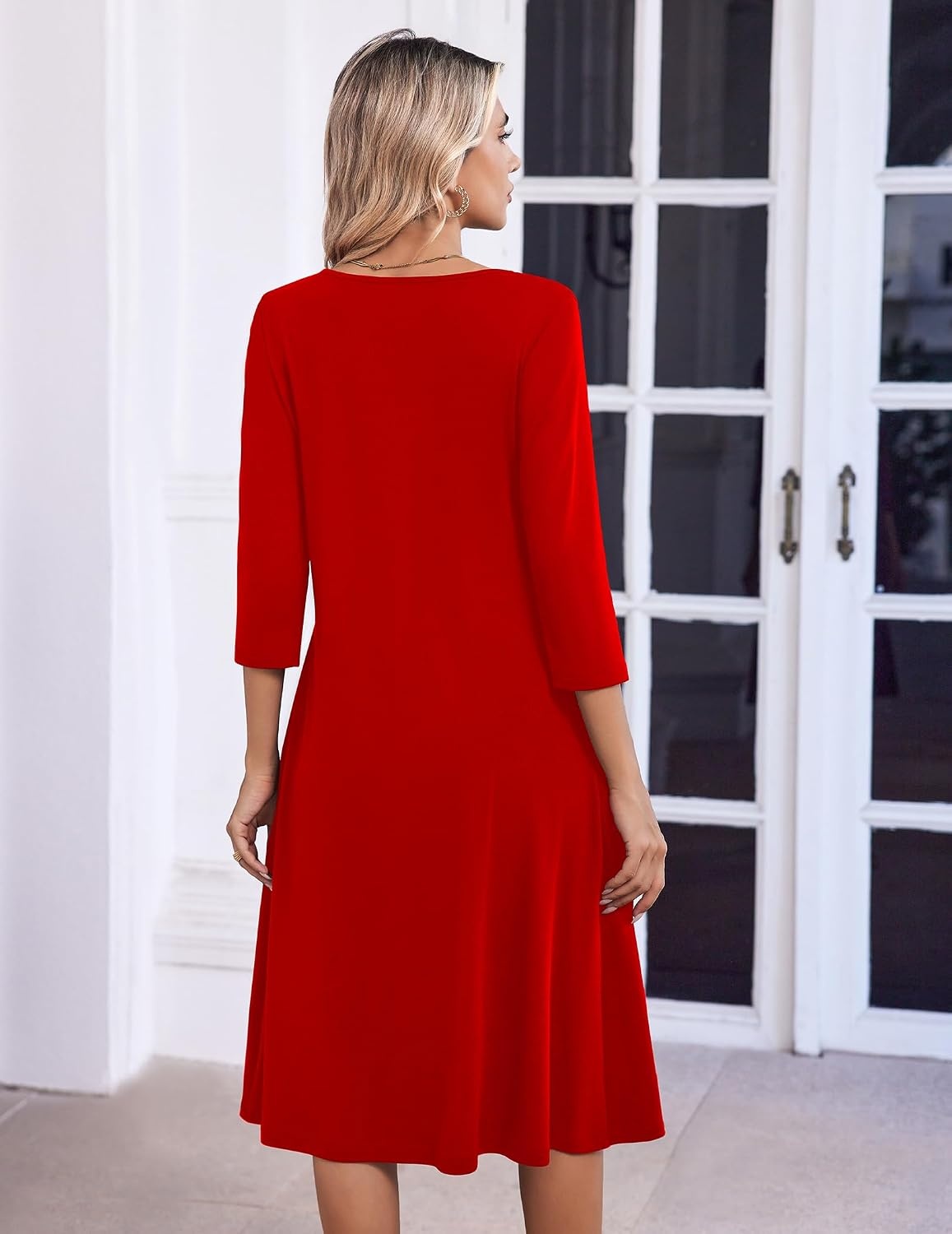 image:imageZeagoo 34 Sleeve Womens Dress Pleated Midi Casual Dresses with PocketsTrue Red