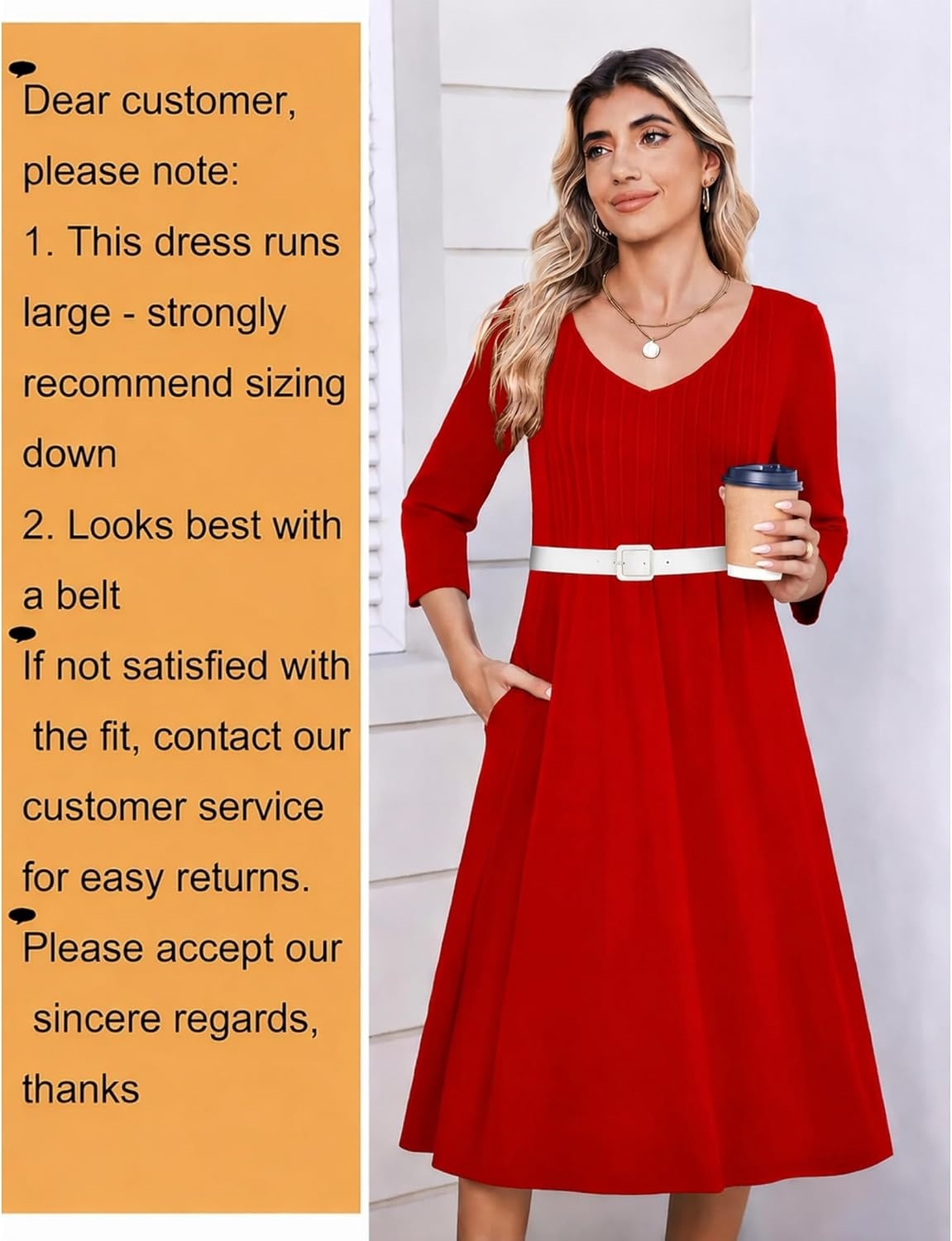 image:imageZeagoo 34 Sleeve Womens Dress Pleated Midi Casual Dresses with PocketsTrue Red