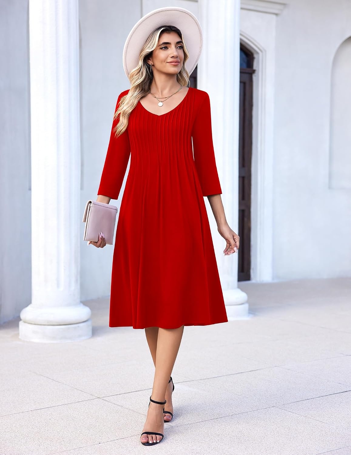 image:imageZeagoo 34 Sleeve Womens Dress Pleated Midi Casual Dresses with PocketsTrue Red
