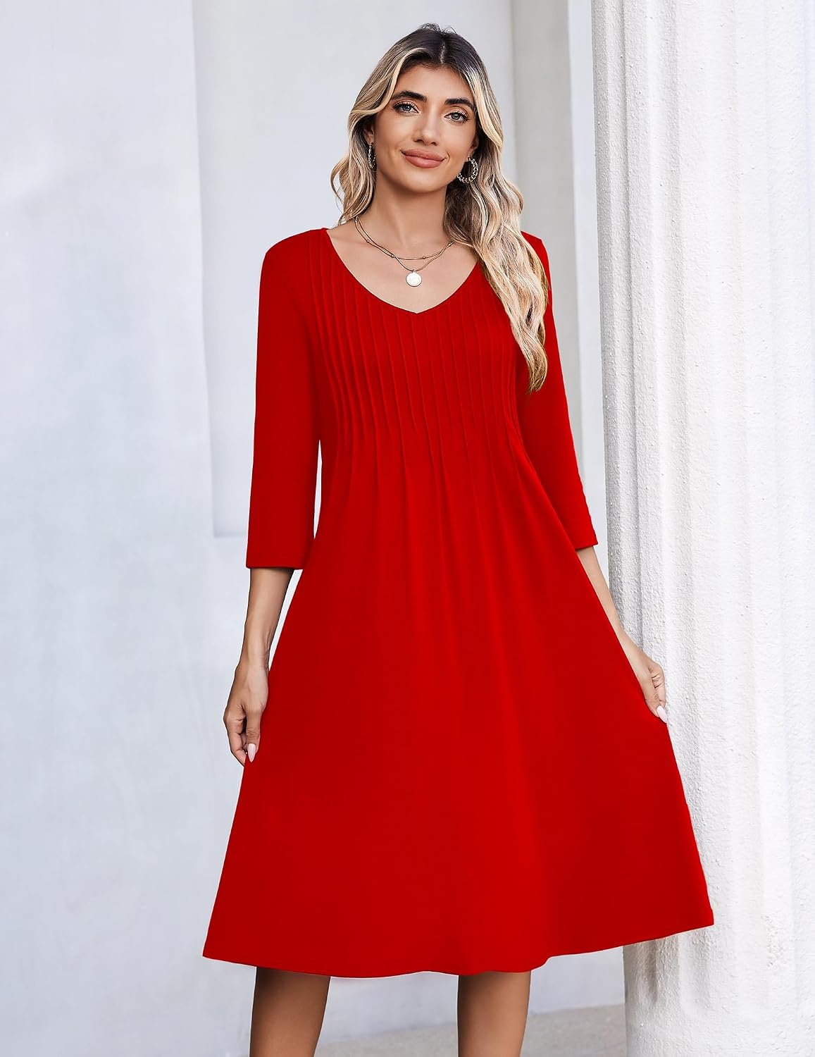 image:imageZeagoo 34 Sleeve Womens Dress Pleated Midi Casual Dresses with PocketsTrue Red