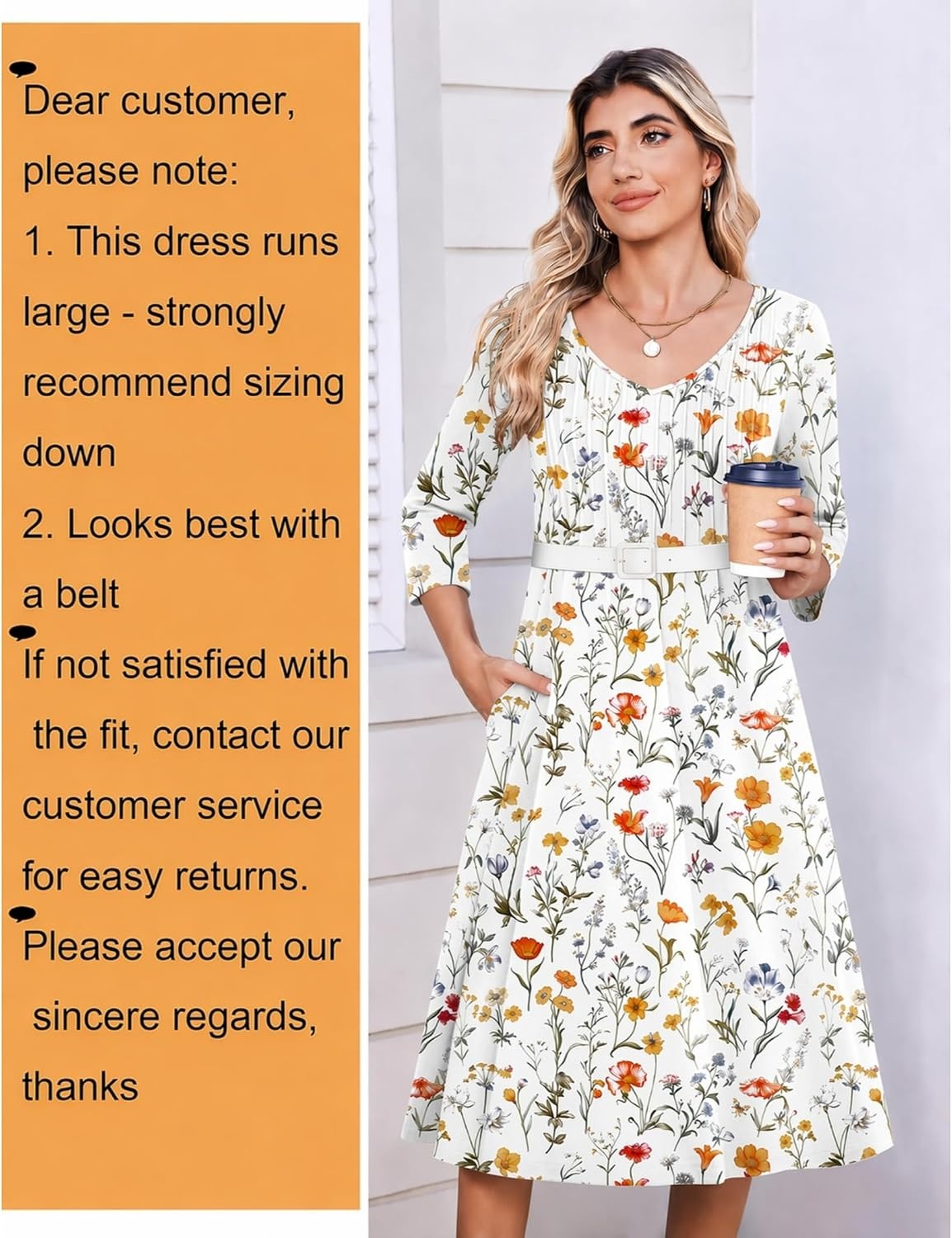 image:imageZeagoo 34 Sleeve Womens Dress Pleated Midi Casual Dresses with PocketsWhite Floral