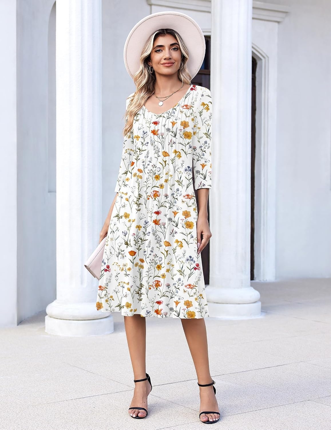 image:imageZeagoo 34 Sleeve Womens Dress Pleated Midi Casual Dresses with PocketsWhite Floral