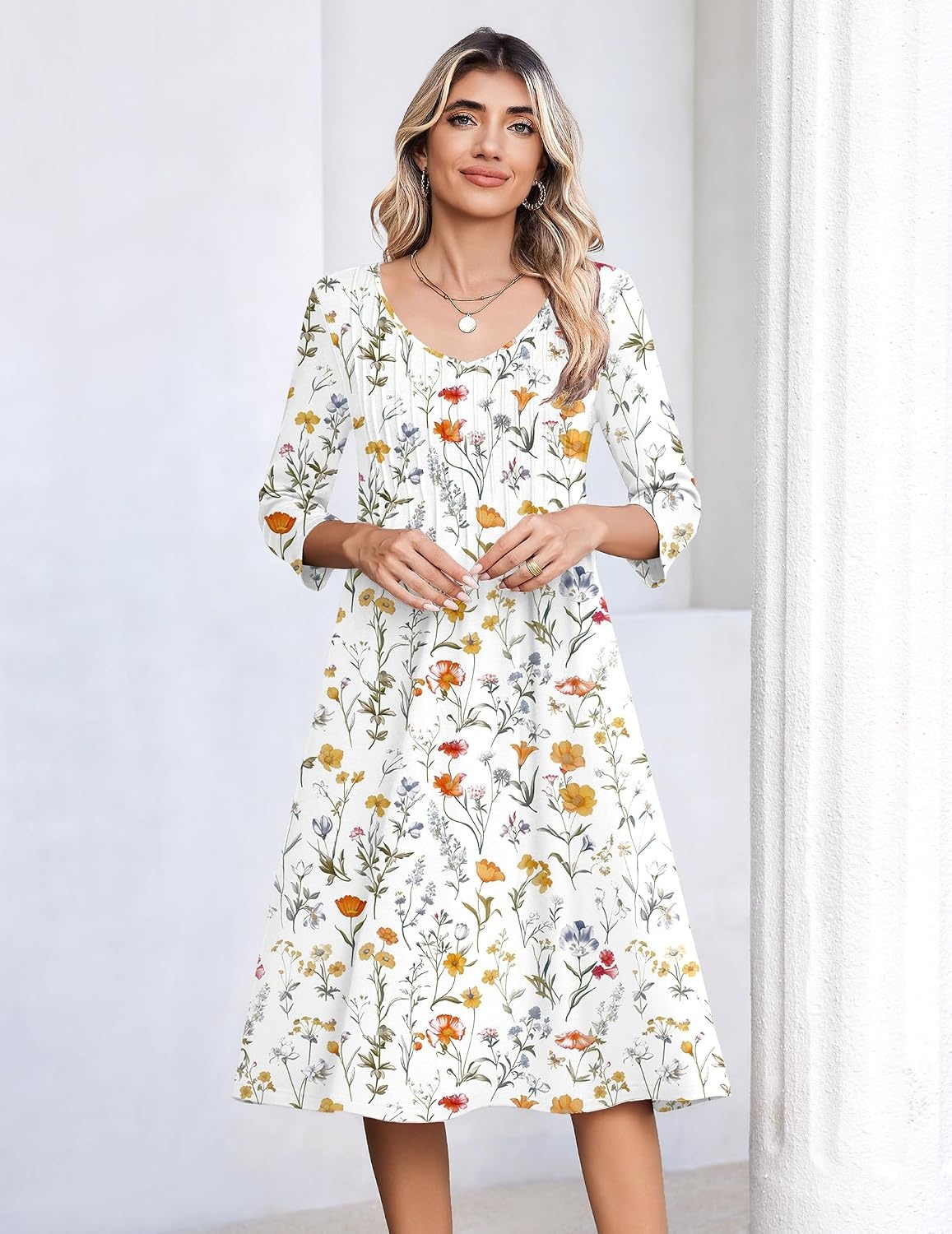 image:imageZeagoo 34 Sleeve Womens Dress Pleated Midi Casual Dresses with PocketsWhite Floral