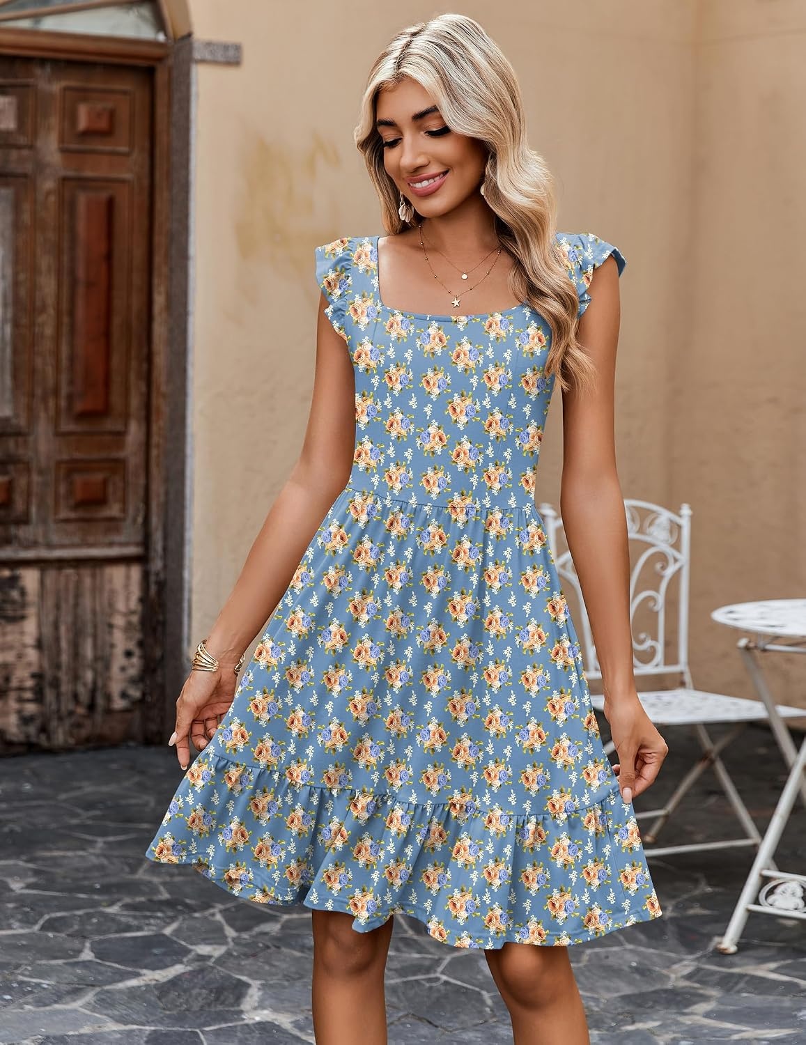 image:imageZeagoo Boho Mini Aline Dress 2025 Womens Summer Dress Casual Ruffle Tiered Floral Square Neck Sundresses Beach with Pockets02 Blue Floral