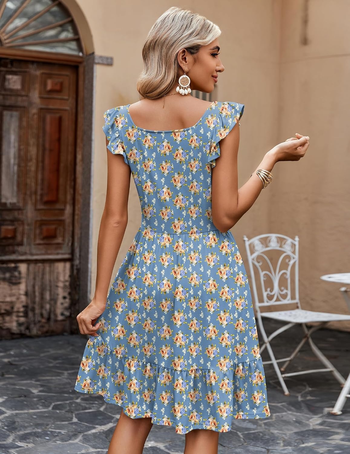 image:imageZeagoo Boho Mini Aline Dress 2025 Womens Summer Dress Casual Ruffle Tiered Floral Square Neck Sundresses Beach with Pockets02 Blue Floral