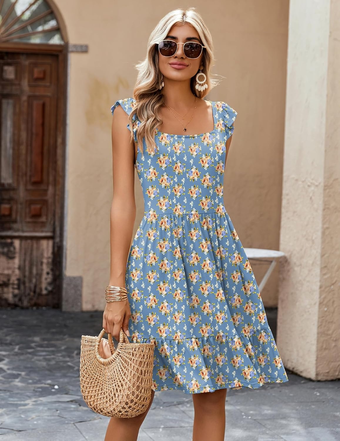 image:imageZeagoo Boho Mini Aline Dress 2025 Womens Summer Dress Casual Ruffle Tiered Floral Square Neck Sundresses Beach with Pockets02 Blue Floral