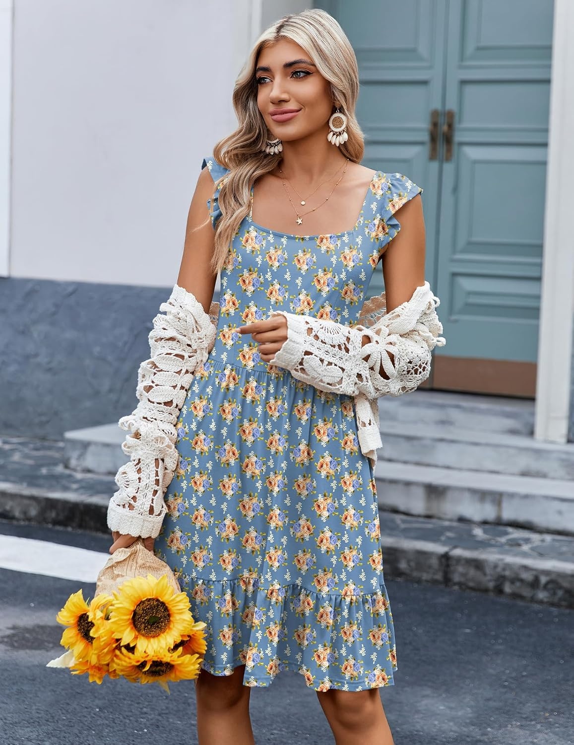 image:imageZeagoo Boho Mini Aline Dress 2025 Womens Summer Dress Casual Ruffle Tiered Floral Square Neck Sundresses Beach with Pockets02 Blue Floral