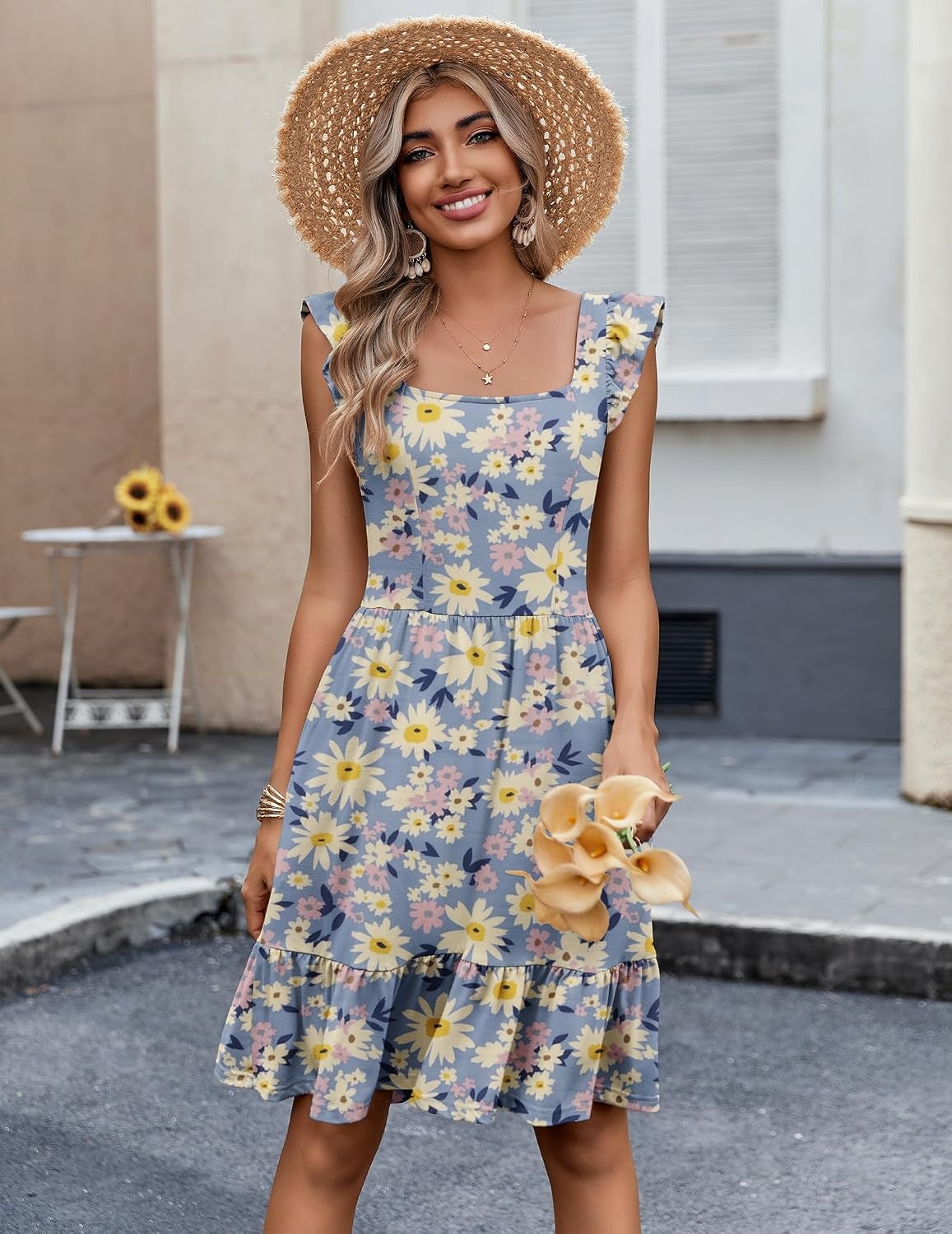 image:imageZeagoo Boho Mini Aline Dress 2025 Womens Summer Dress Casual Ruffle Tiered Floral Square Neck Sundresses Beach with PocketsBlue Pink Floral
