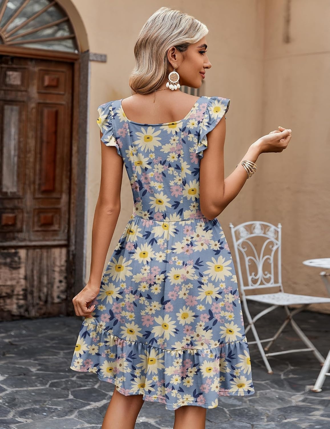 image:imageZeagoo Boho Mini Aline Dress 2025 Womens Summer Dress Casual Ruffle Tiered Floral Square Neck Sundresses Beach with PocketsBlue Pink Floral