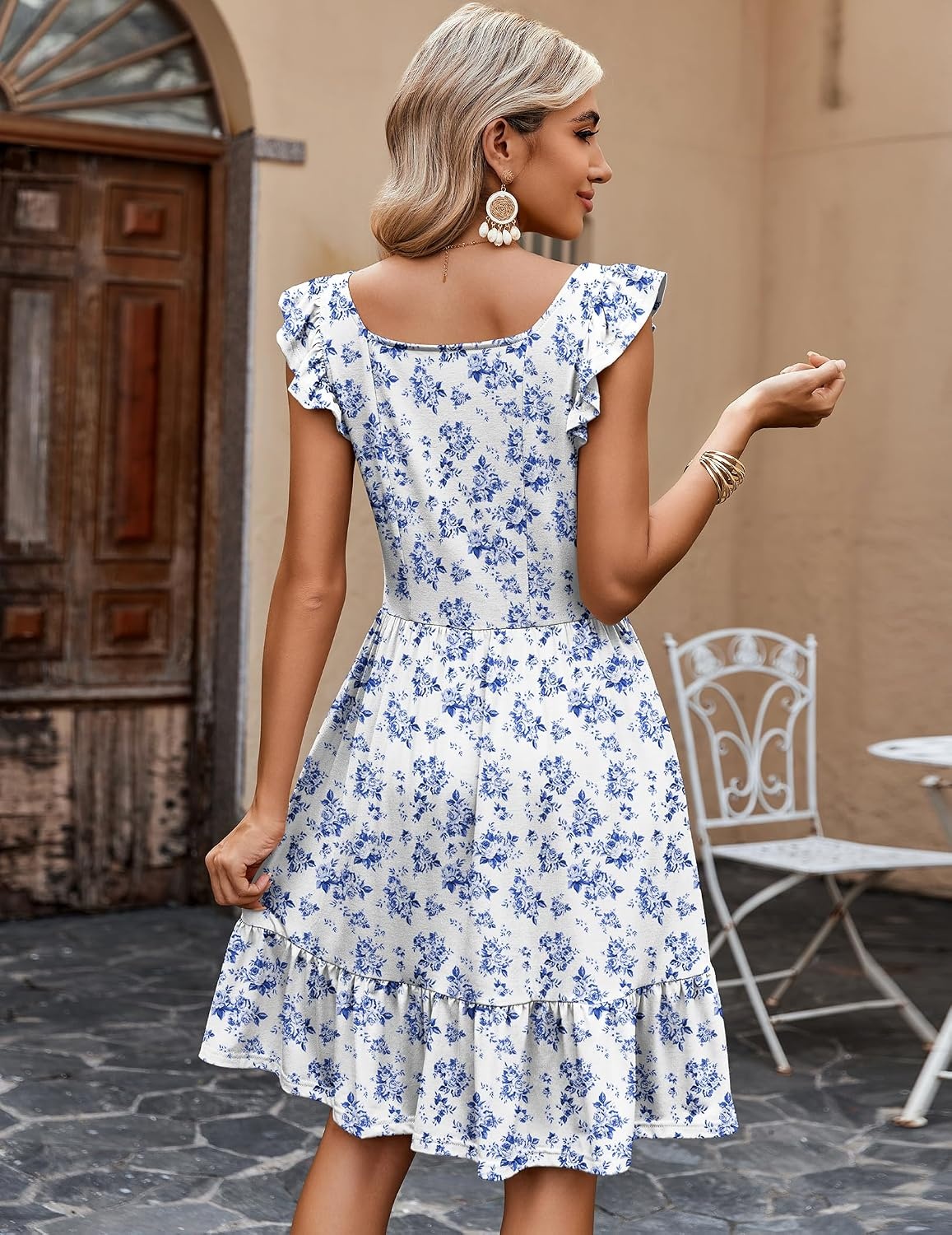 image:imageZeagoo Boho Mini Aline Dress 2025 Womens Summer Dress Casual Ruffle Tiered Floral Square Neck Sundresses Beach with PocketsBlue White Floral