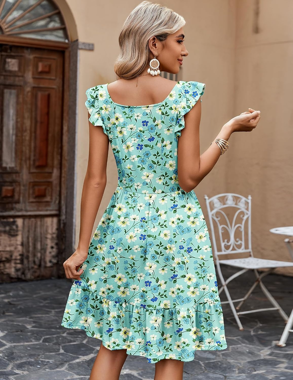 image:imageZeagoo Boho Mini Aline Dress 2025 Womens Summer Dress Casual Ruffle Tiered Floral Square Neck Sundresses Beach with PocketsLight Blue Floral
