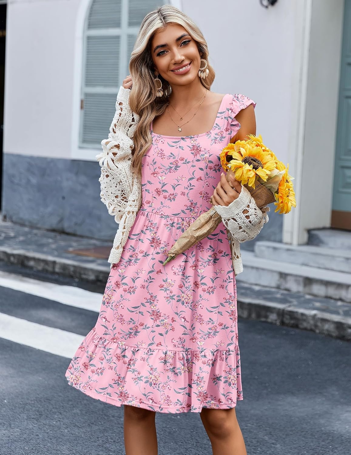 image:imageZeagoo Boho Mini Aline Dress 2025 Womens Summer Dress Casual Ruffle Tiered Floral Square Neck Sundresses Beach with PocketsPink Floral