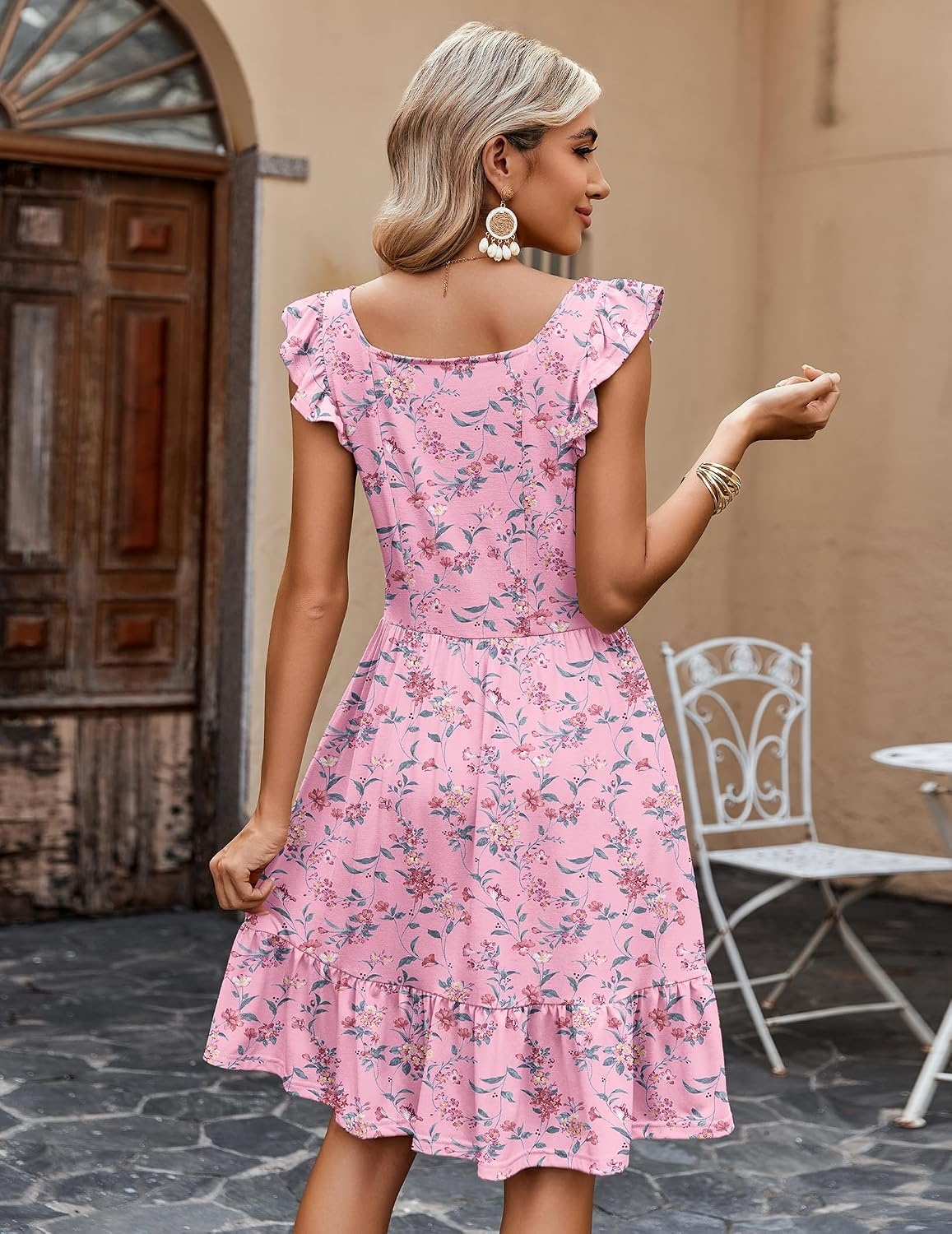 image:imageZeagoo Boho Mini Aline Dress 2025 Womens Summer Dress Casual Ruffle Tiered Floral Square Neck Sundresses Beach with PocketsPink Floral