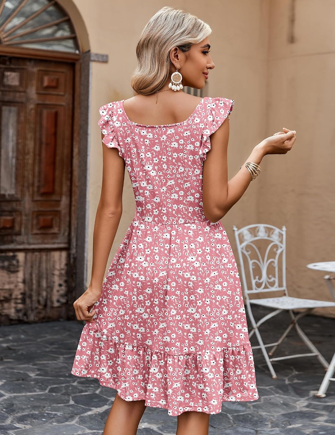 image:imageZeagoo Boho Mini Aline Dress 2025 Womens Summer Dress Casual Ruffle Tiered Floral Square Neck Sundresses Beach with PocketsPink White Floral