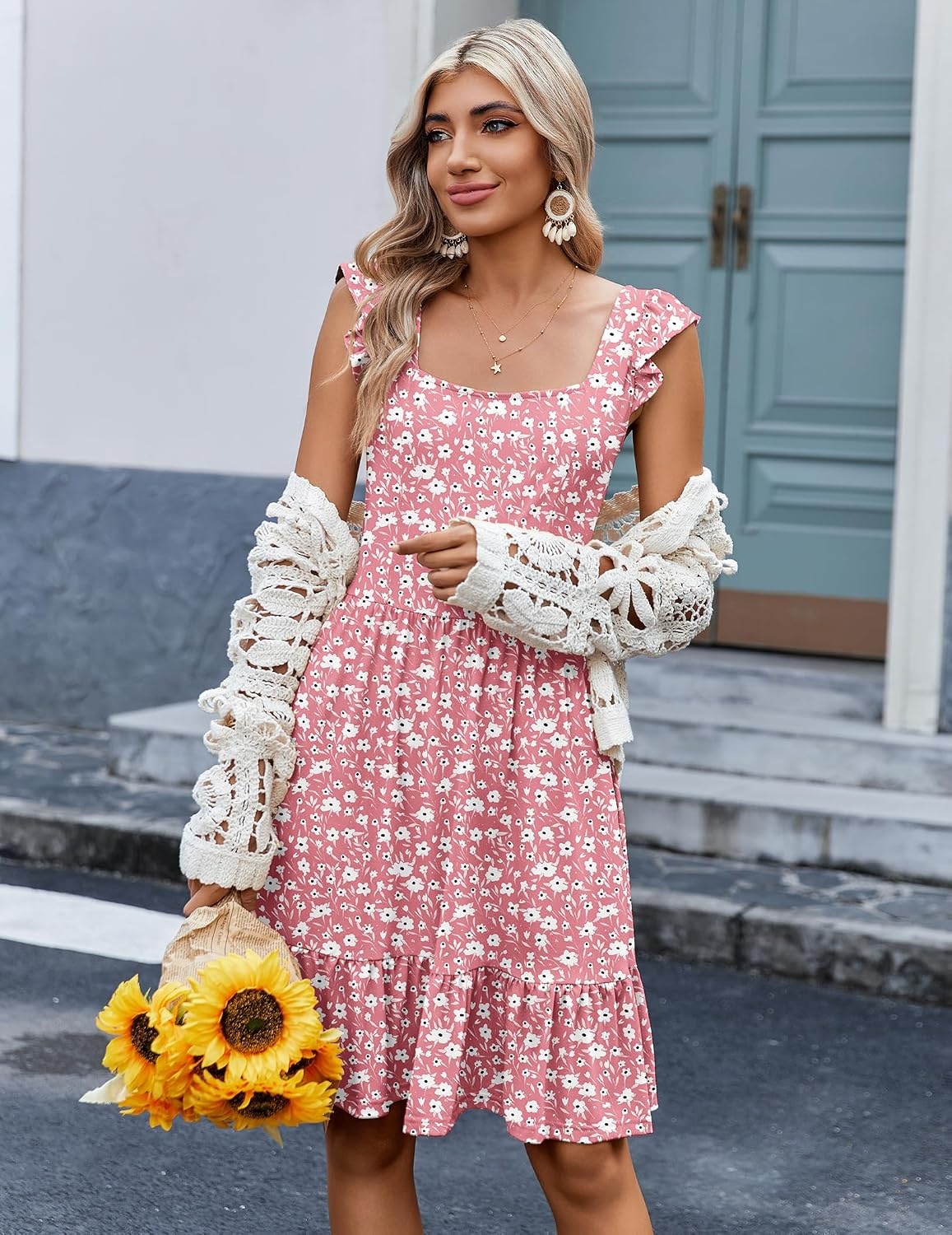 image:imageZeagoo Boho Mini Aline Dress 2025 Womens Summer Dress Casual Ruffle Tiered Floral Square Neck Sundresses Beach with PocketsPink White Floral