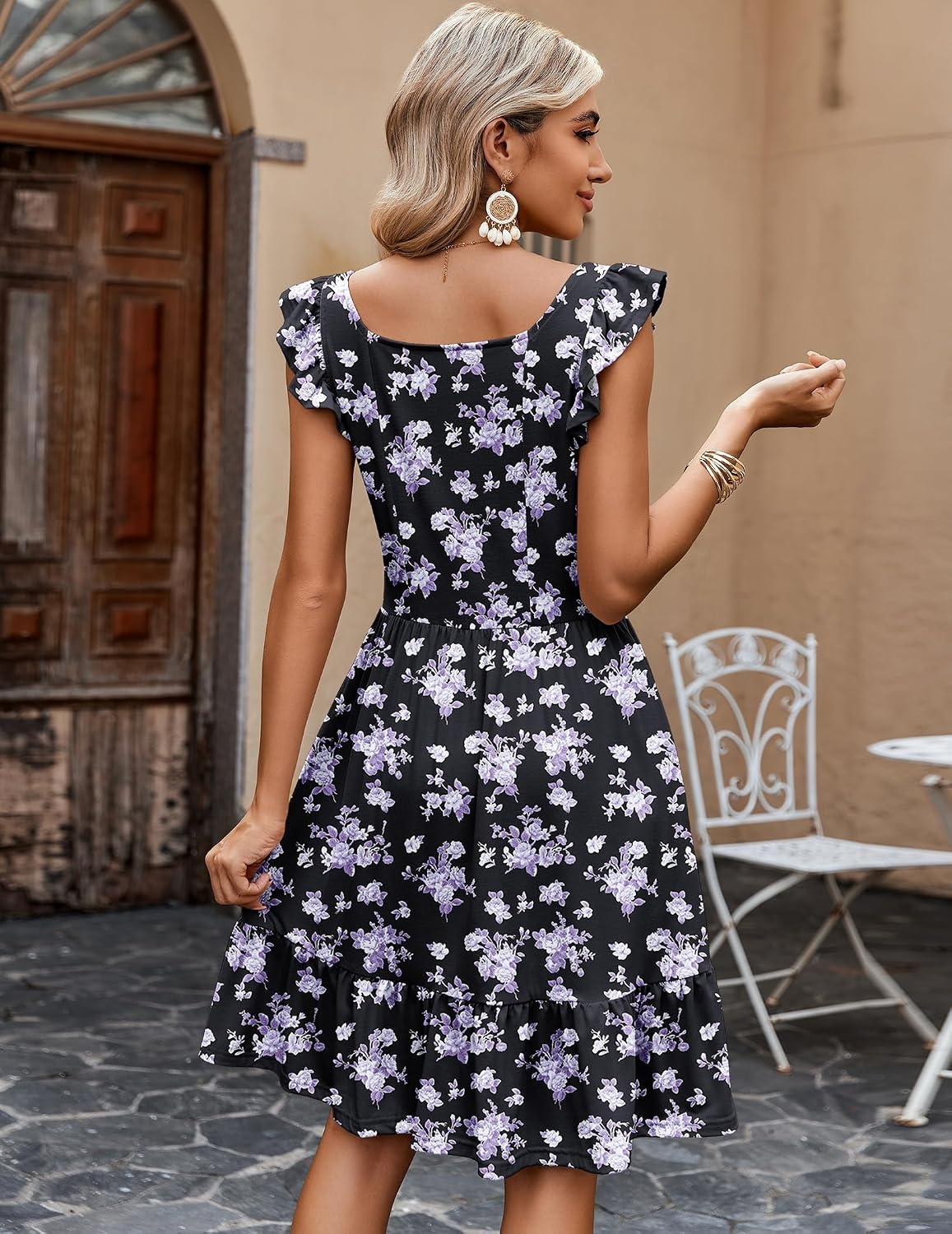 image:imageZeagoo Boho Mini Aline Dress 2025 Womens Summer Dress Casual Ruffle Tiered Floral Square Neck Sundresses Beach with PocketsPurple Floral
