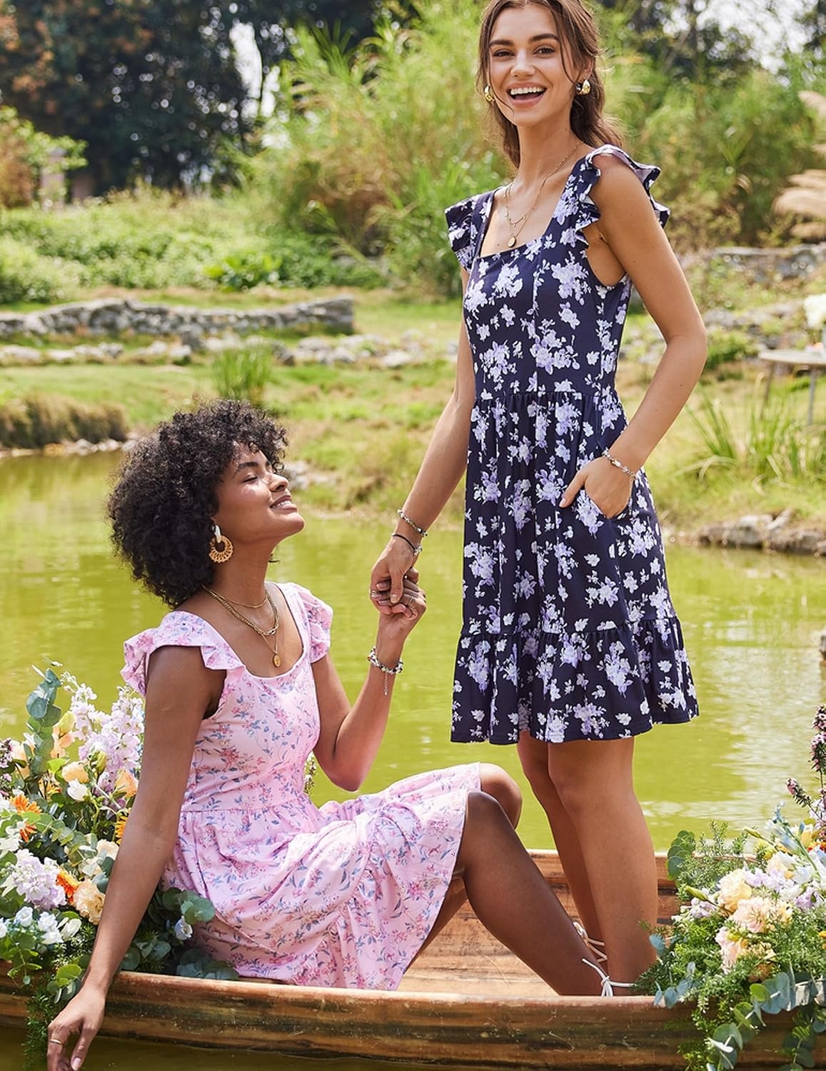 image:imageZeagoo Boho Mini Aline Dress 2025 Womens Summer Dress Casual Ruffle Tiered Floral Square Neck Sundresses Beach with PocketsPurple Floral