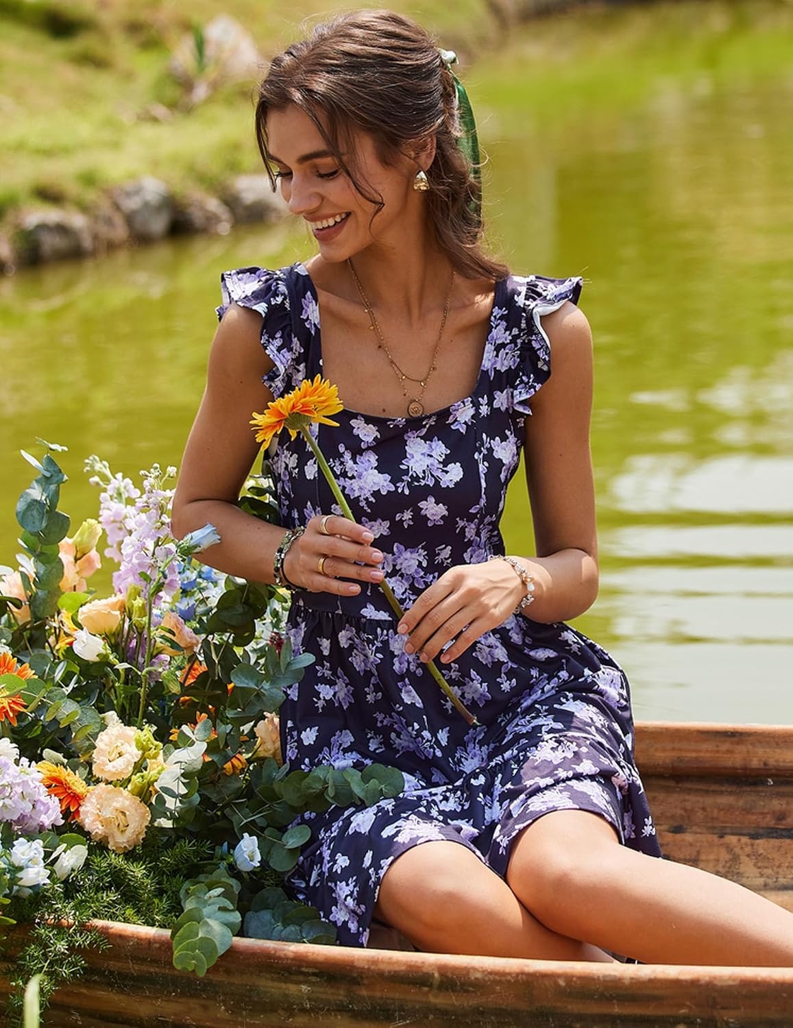 image:imageZeagoo Boho Mini Aline Dress 2025 Womens Summer Dress Casual Ruffle Tiered Floral Square Neck Sundresses Beach with PocketsPurple Floral