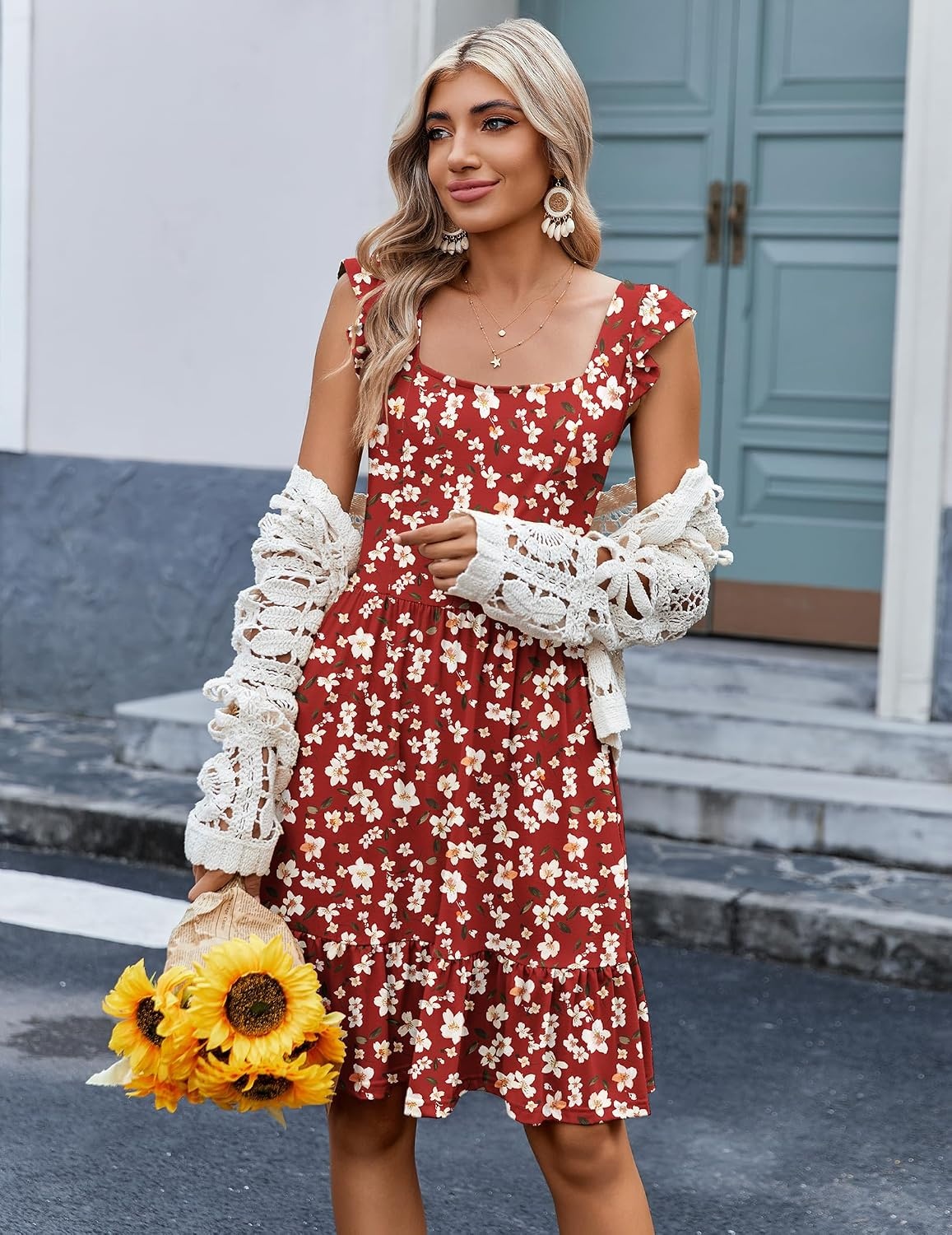image:imageZeagoo Boho Mini Aline Dress 2025 Womens Summer Dress Casual Ruffle Tiered Floral Square Neck Sundresses Beach with PocketsRed Floral