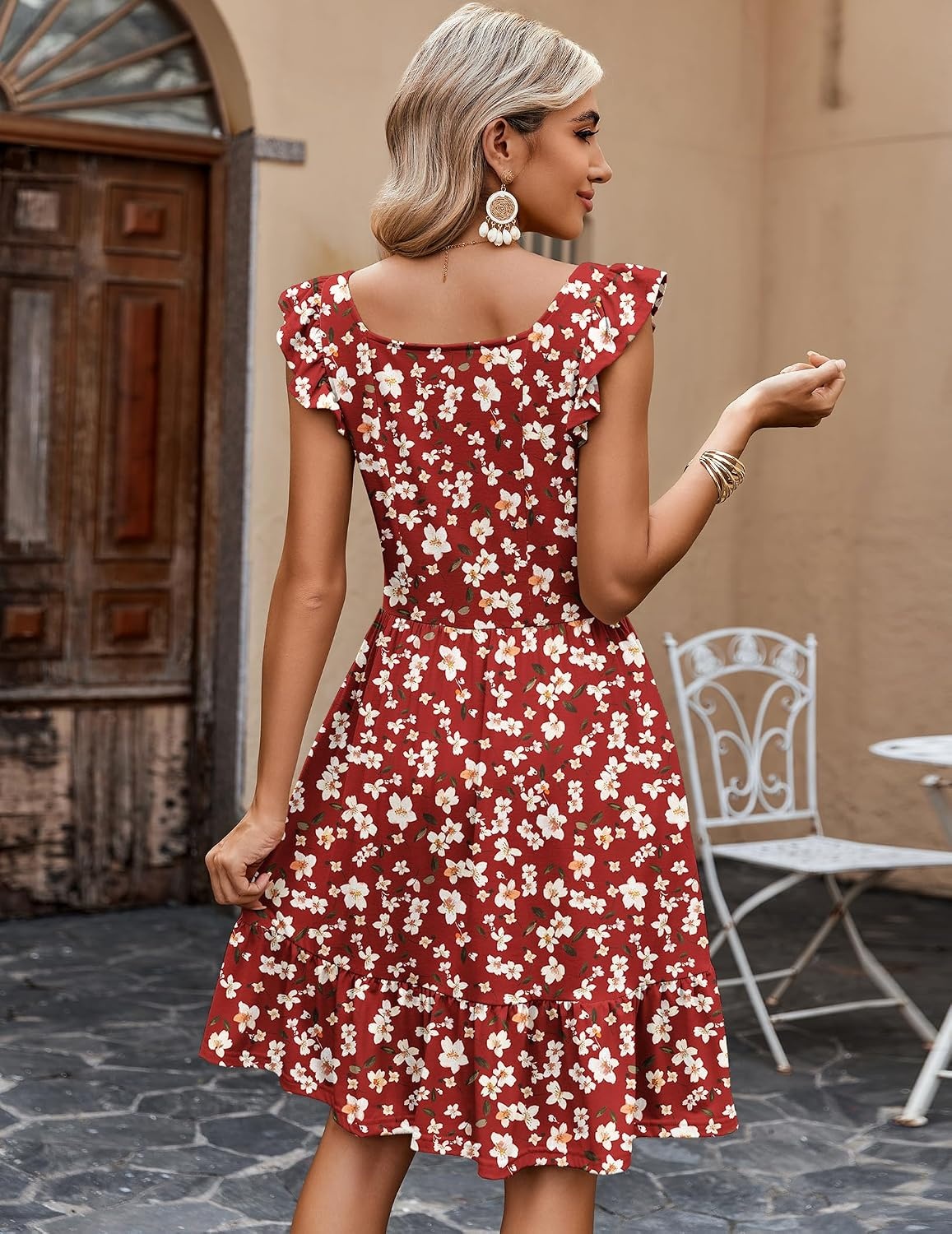 image:imageZeagoo Boho Mini Aline Dress 2025 Womens Summer Dress Casual Ruffle Tiered Floral Square Neck Sundresses Beach with PocketsRed Floral
