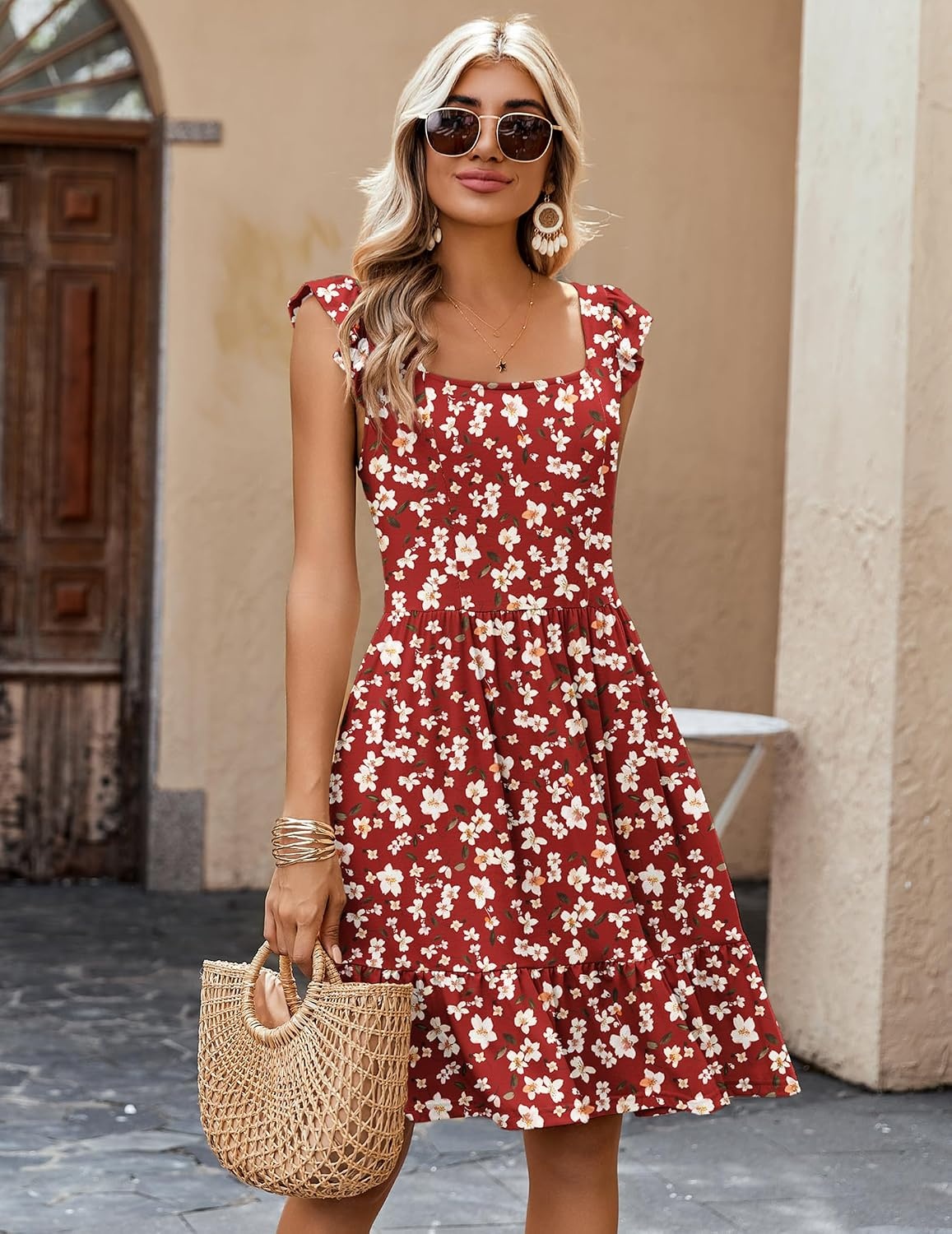 image:imageZeagoo Boho Mini Aline Dress 2025 Womens Summer Dress Casual Ruffle Tiered Floral Square Neck Sundresses Beach with PocketsRed Floral