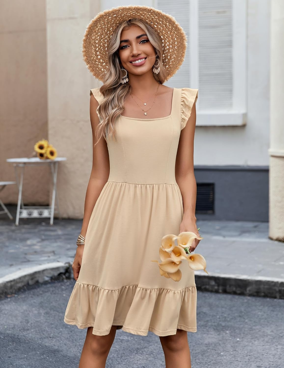 image:imageZeagoo Boho Mini Aline Dress 2025 Womens Summer Dress Casual Ruffle Tiered Floral Square Neck Sundresses Beach with PocketsSkin