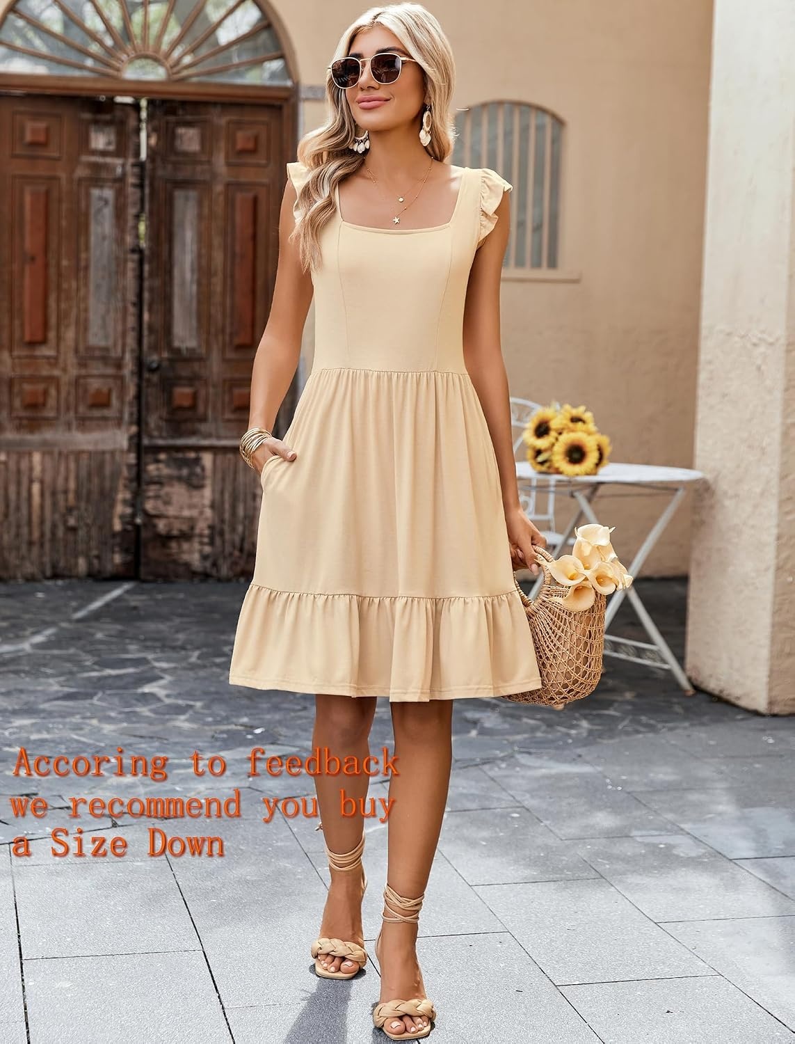 image:imageZeagoo Boho Mini Aline Dress 2025 Womens Summer Dress Casual Ruffle Tiered Floral Square Neck Sundresses Beach with PocketsSkin