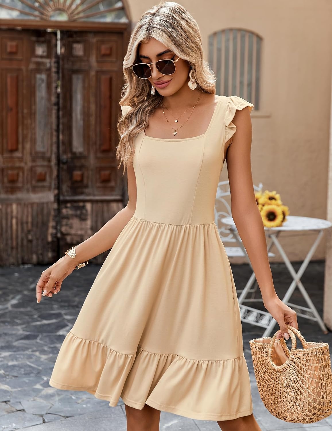 image:imageZeagoo Boho Mini Aline Dress 2025 Womens Summer Dress Casual Ruffle Tiered Floral Square Neck Sundresses Beach with PocketsSkin