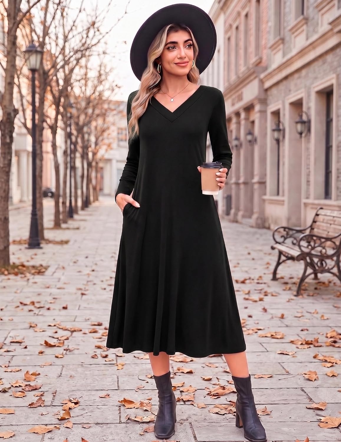 image:imageZeagoo Dresses for Womens Long Sleeve Midi Dress Fall Casual A Line DressBlack