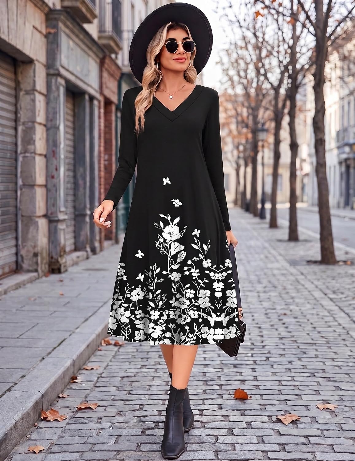 image:imageZeagoo Dresses for Womens Long Sleeve Midi Dress Fall Casual A Line DressBlack Floral