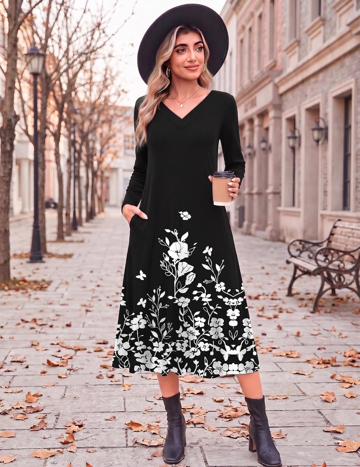 image:imageZeagoo Dresses for Womens Long Sleeve Midi Dress Fall Casual A Line DressBlack Floral