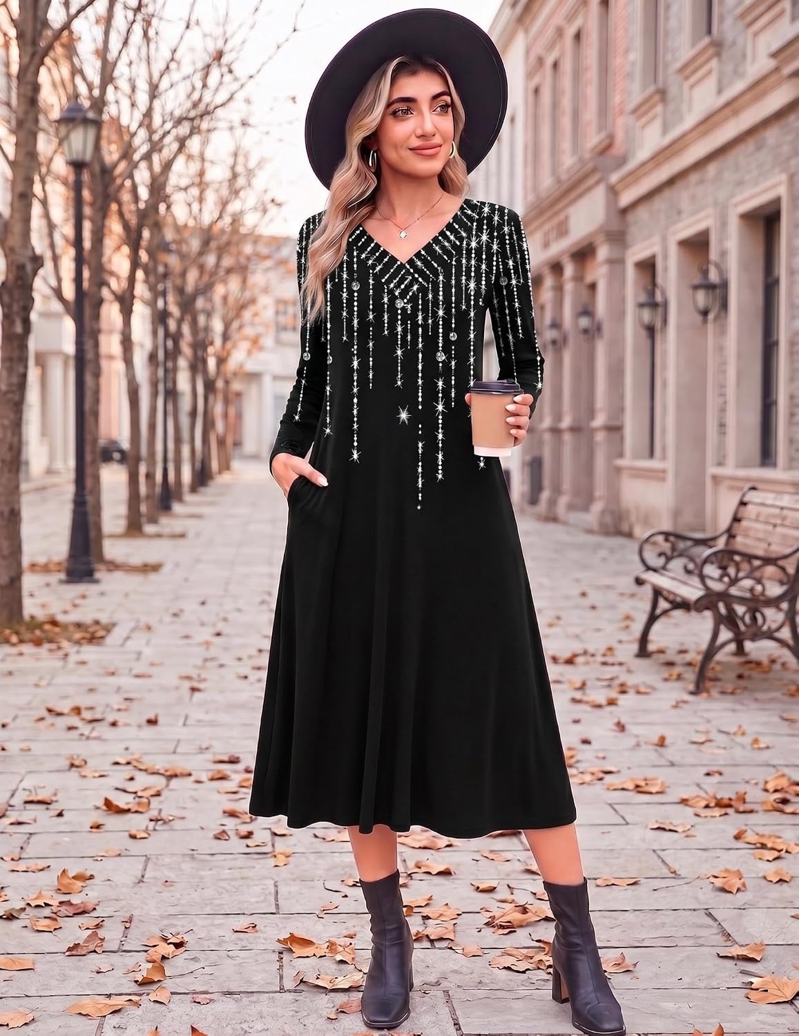 image:imageZeagoo Dresses for Womens Long Sleeve Midi Dress Fall Casual A Line DressBlack White