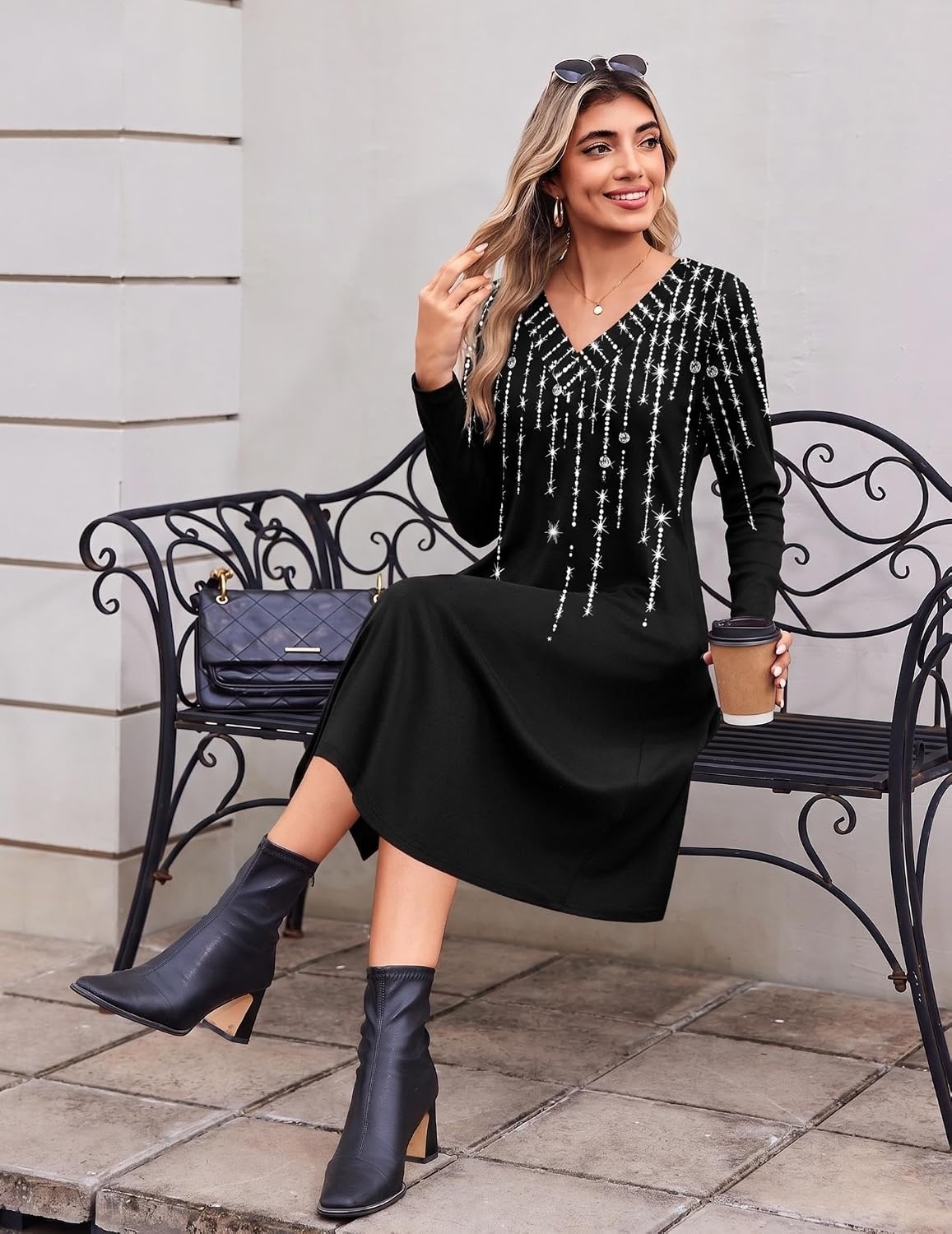 image:imageZeagoo Dresses for Womens Long Sleeve Midi Dress Fall Casual A Line DressBlack White