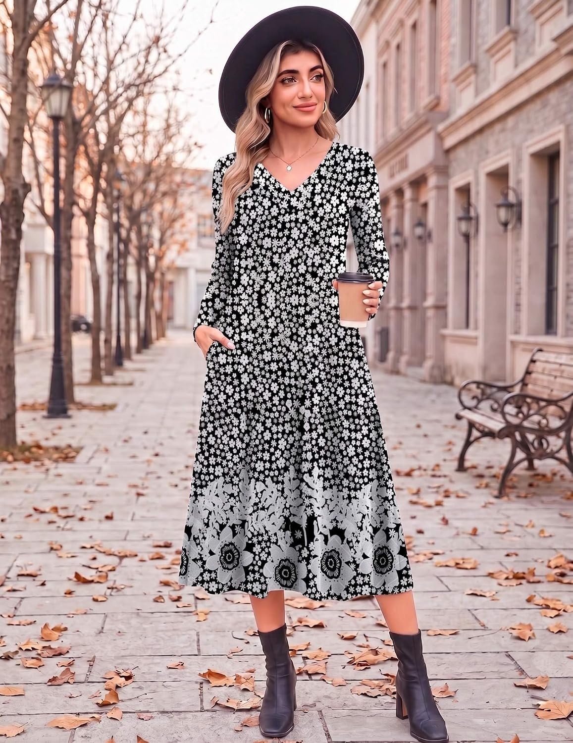 image:imageZeagoo Dresses for Womens Long Sleeve Midi Dress Fall Casual A Line DressBlack White Floral