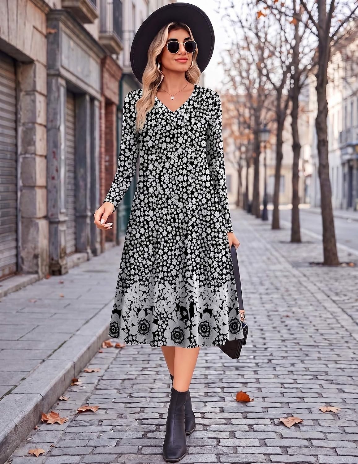 image:imageZeagoo Dresses for Womens Long Sleeve Midi Dress Fall Casual A Line DressBlack White Floral