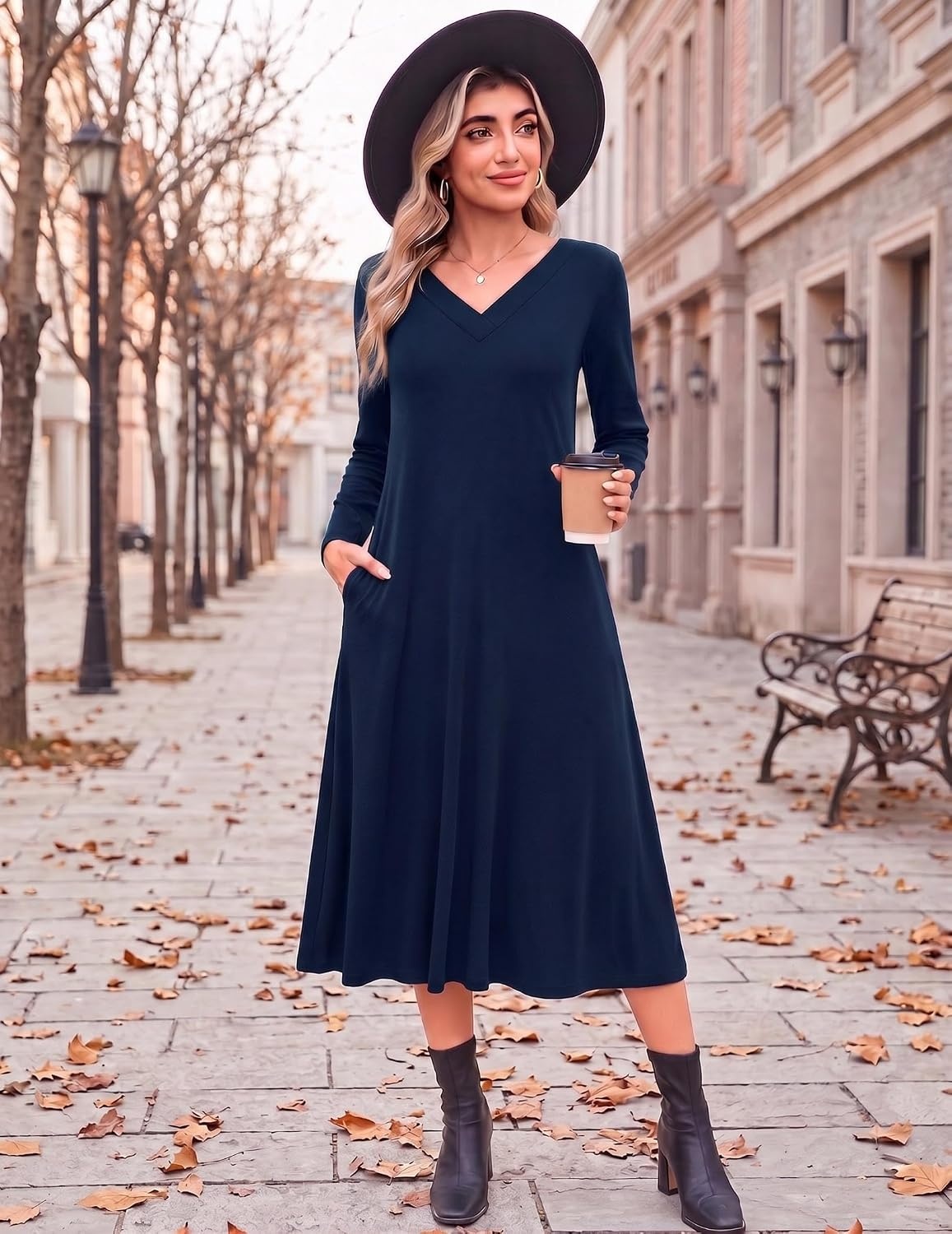 image:imageZeagoo Dresses for Womens Long Sleeve Midi Dress Fall Casual A Line DressBlue