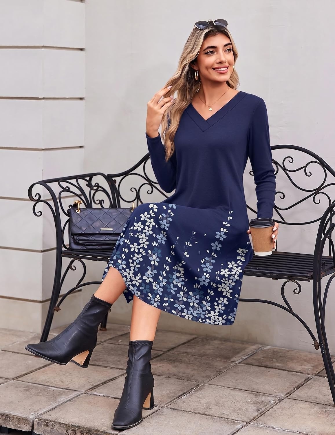 image:imageZeagoo Dresses for Womens Long Sleeve Midi Dress Fall Casual A Line DressBlue Floral