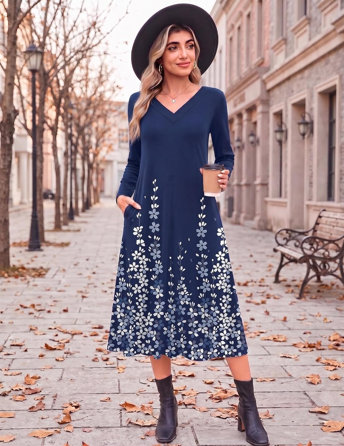 image:imageZeagoo Dresses for Womens Long Sleeve Midi Dress Fall Casual A Line DressBlue Floral